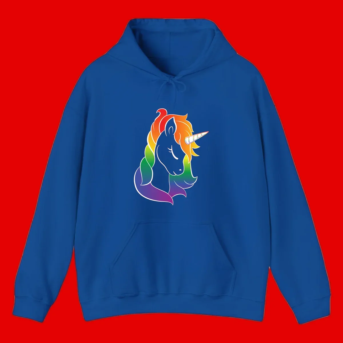 Rainbow pride unicorn illustration with gray head, multicolor mane and tail, and spiral horn in red, orange, yellow, green, blue, and purple