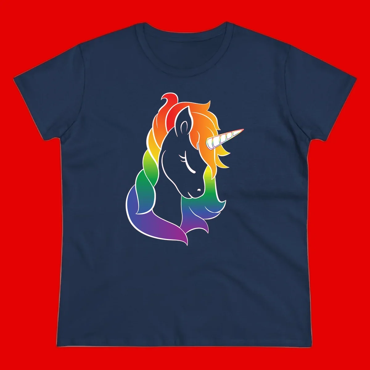 Rainbow pride unicorn illustration with gray head, multicolor mane and tail, and spiral horn in red, orange, yellow, green, blue, and purple