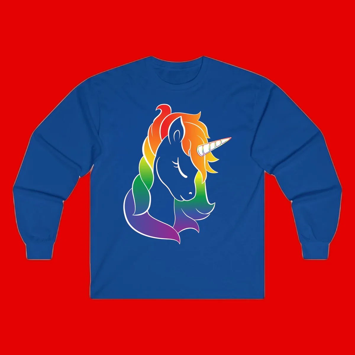 Rainbow pride unicorn illustration with gray head, multicolor mane and tail, and spiral horn in red, orange, yellow, green, blue, and purple