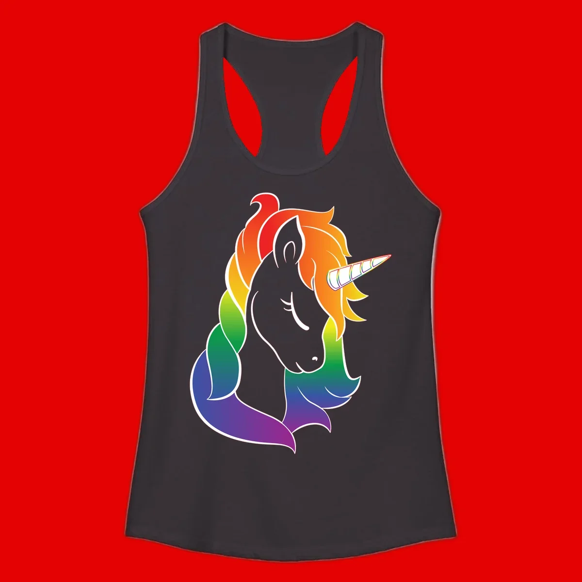 Rainbow pride unicorn illustration with gray head, multicolor mane and tail, and spiral horn in red, orange, yellow, green, blue, and purple