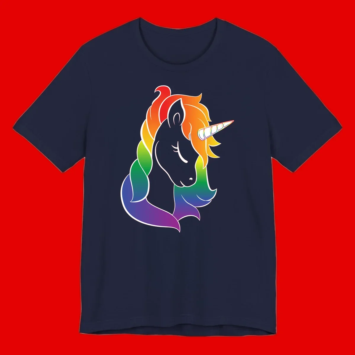 Rainbow pride unicorn illustration with gray head, multicolor mane and tail, and spiral horn in red, orange, yellow, green, blue, and purple