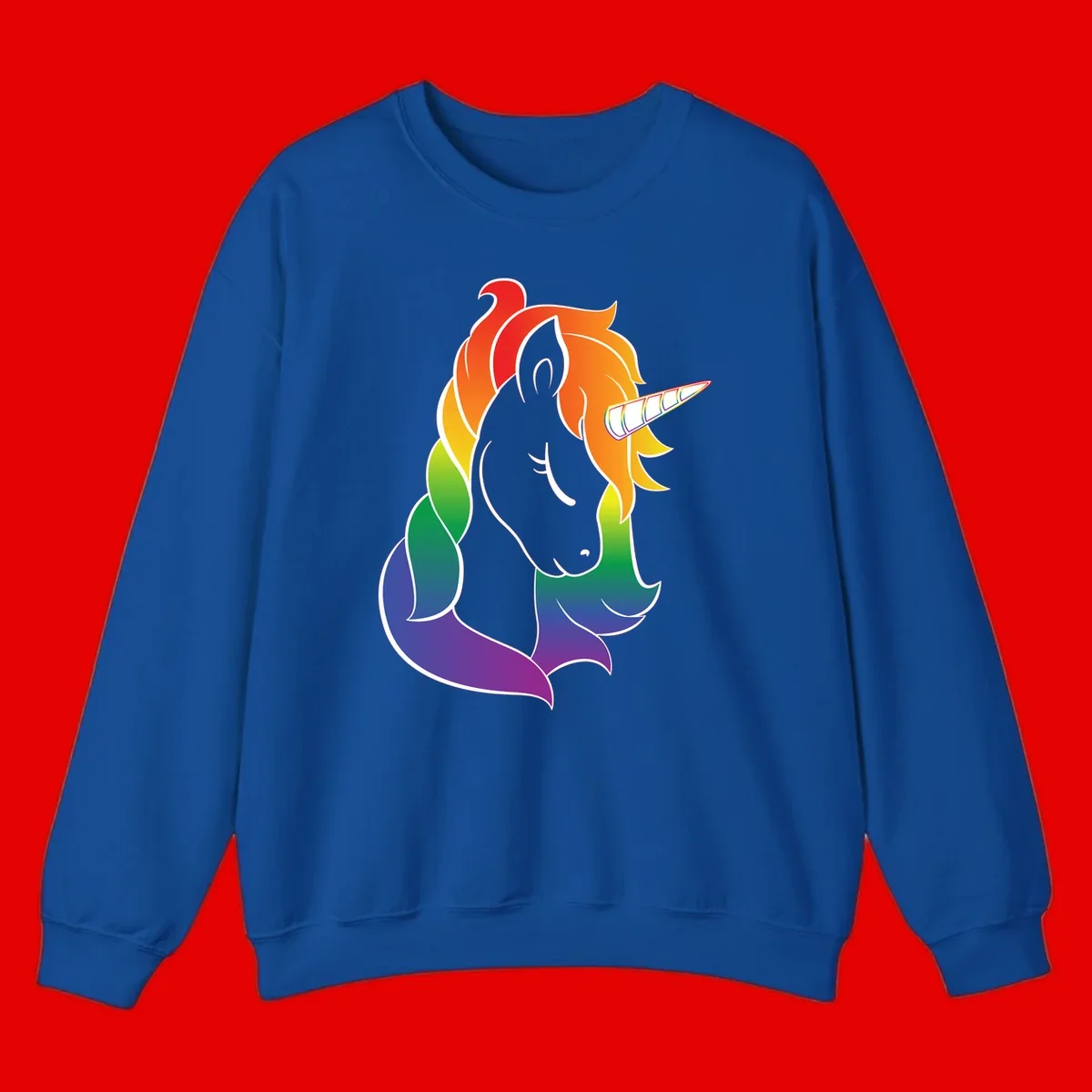 Rainbow pride unicorn illustration with gray head, multicolor mane and tail, and spiral horn in red, orange, yellow, green, blue, and purple