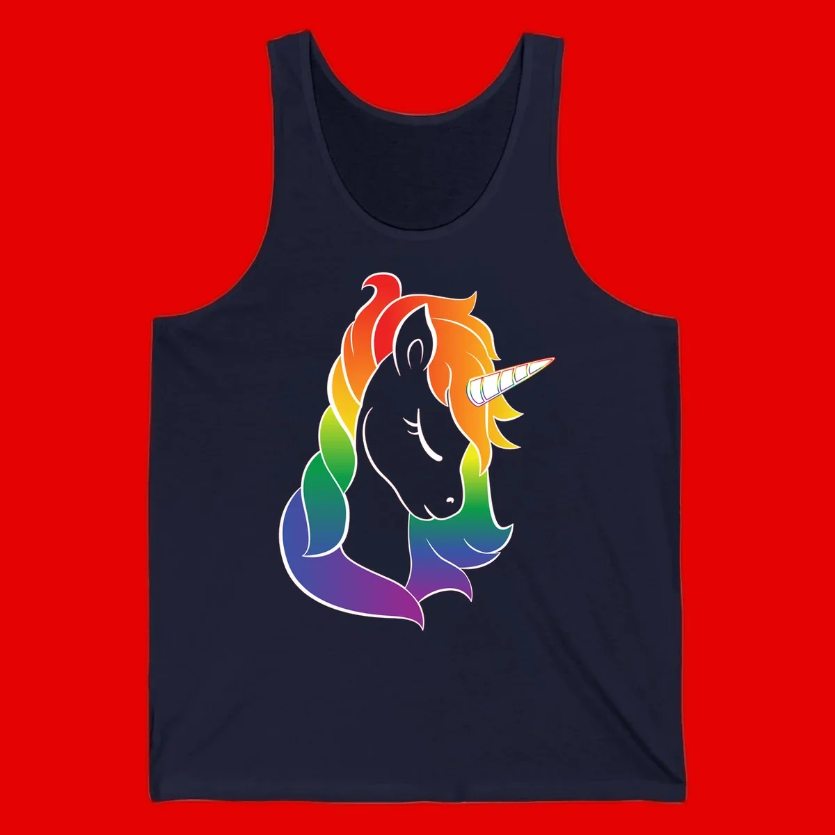 Rainbow pride unicorn illustration with gray head, multicolor mane and tail, and spiral horn in red, orange, yellow, green, blue, and purple