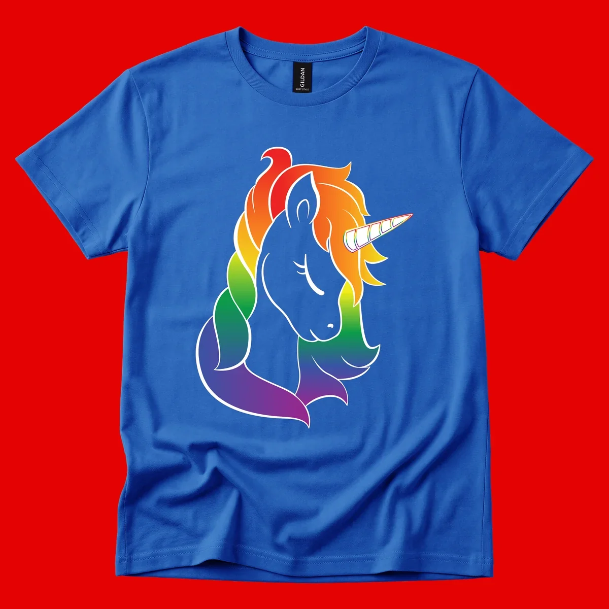 Rainbow pride unicorn illustration with gray head, multicolor mane and tail, and spiral horn in red, orange, yellow, green, blue, and purple