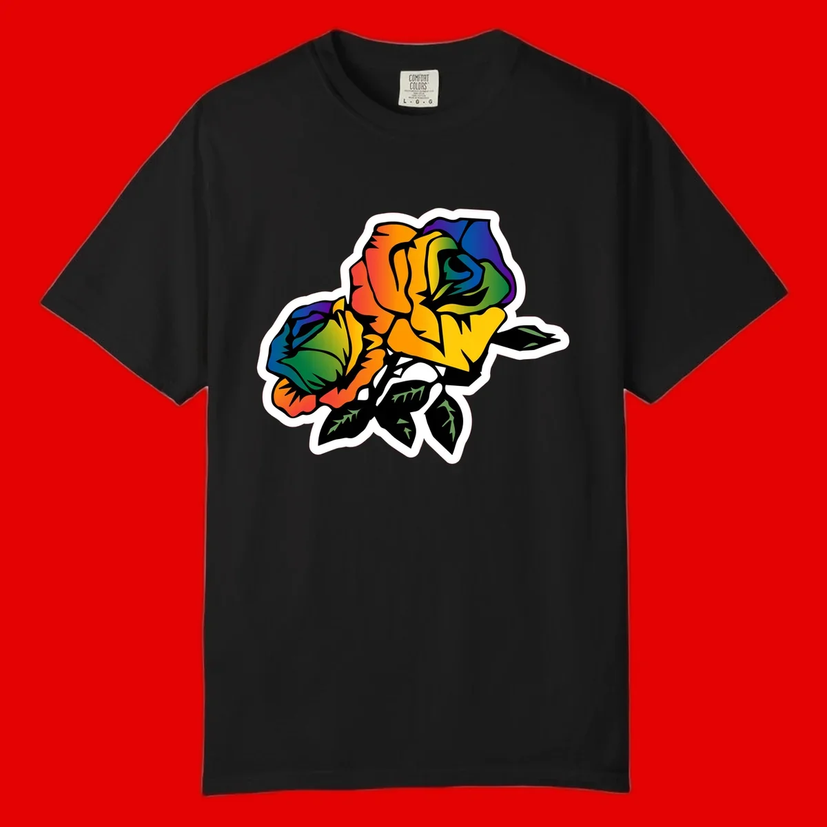 Rainbow pride rose illustration with red, orange, yellow, green, blue, and purple petals, black outline, and green leaves on white background