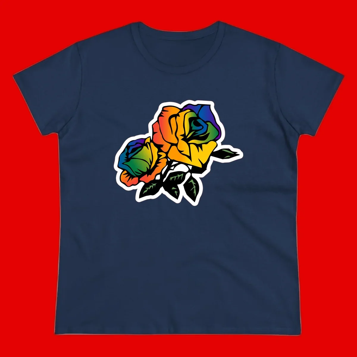 Rainbow pride rose illustration with red, orange, yellow, green, blue, and purple petals, black outline, and green leaves on white background
