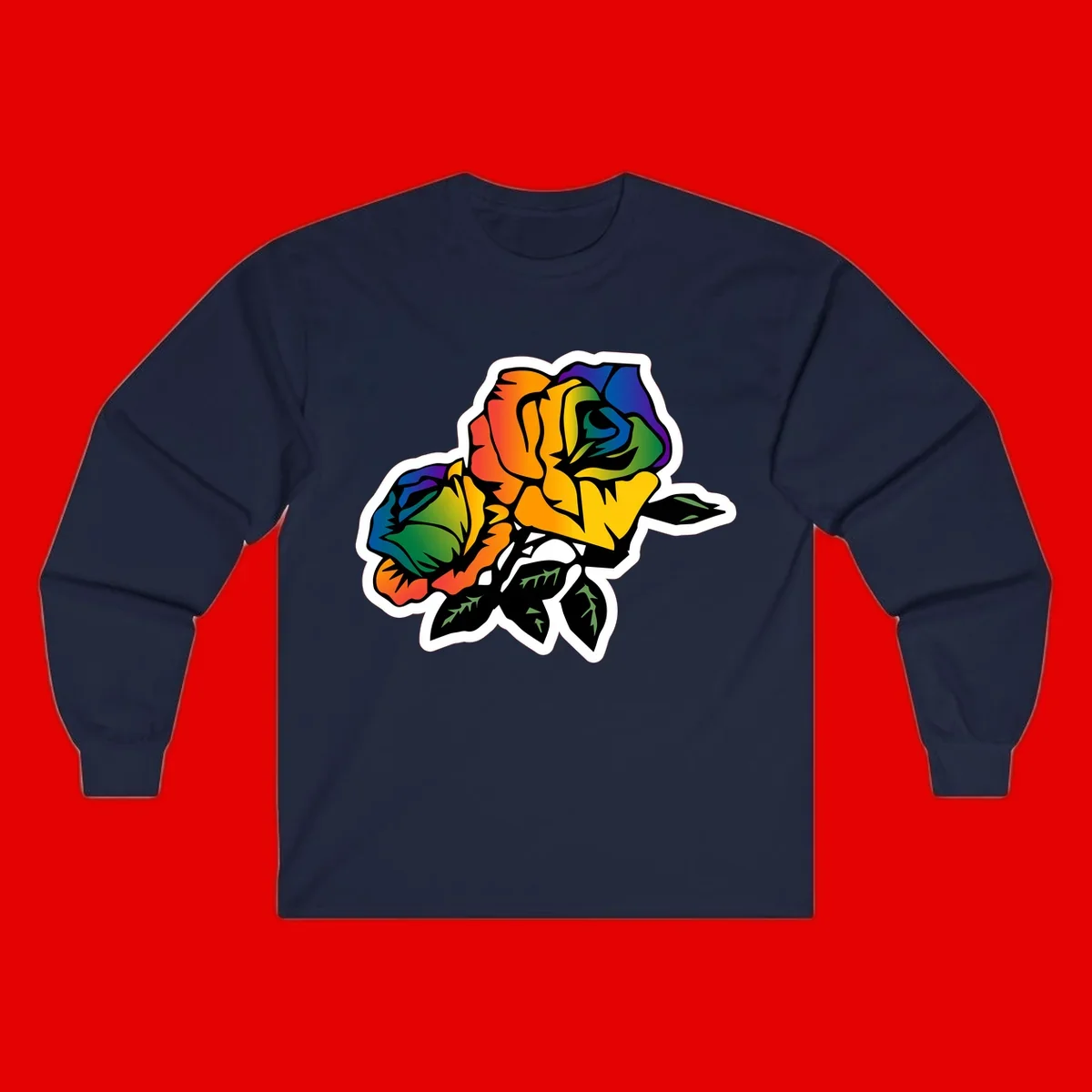 Rainbow pride rose illustration with red, orange, yellow, green, blue, and purple petals, black outline, and green leaves on white background