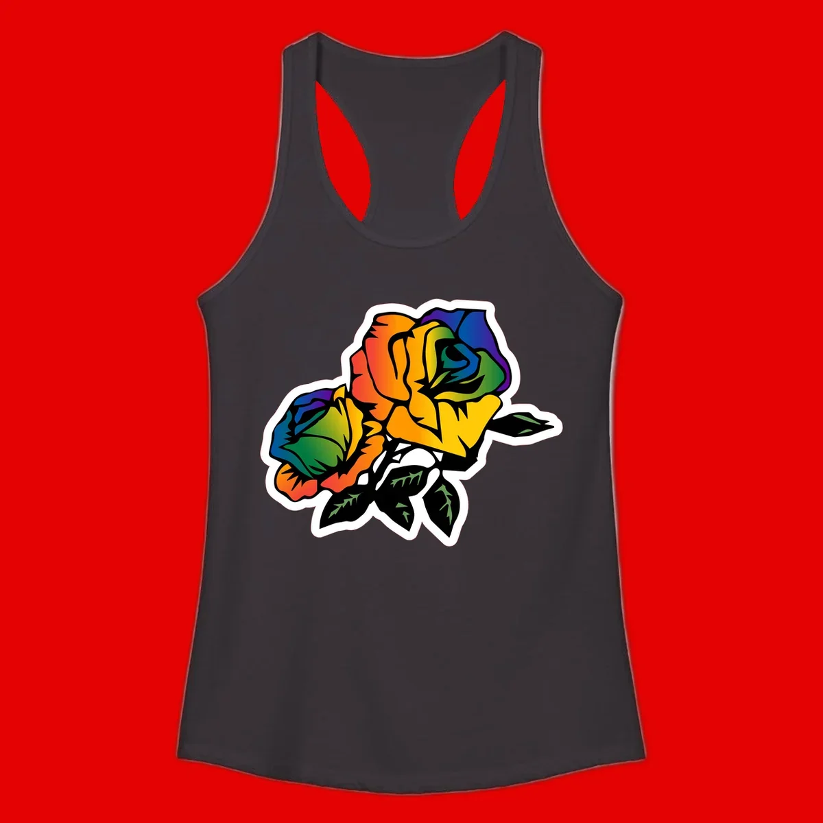 Rainbow pride rose illustration with red, orange, yellow, green, blue, and purple petals, black outline, and green leaves on white background