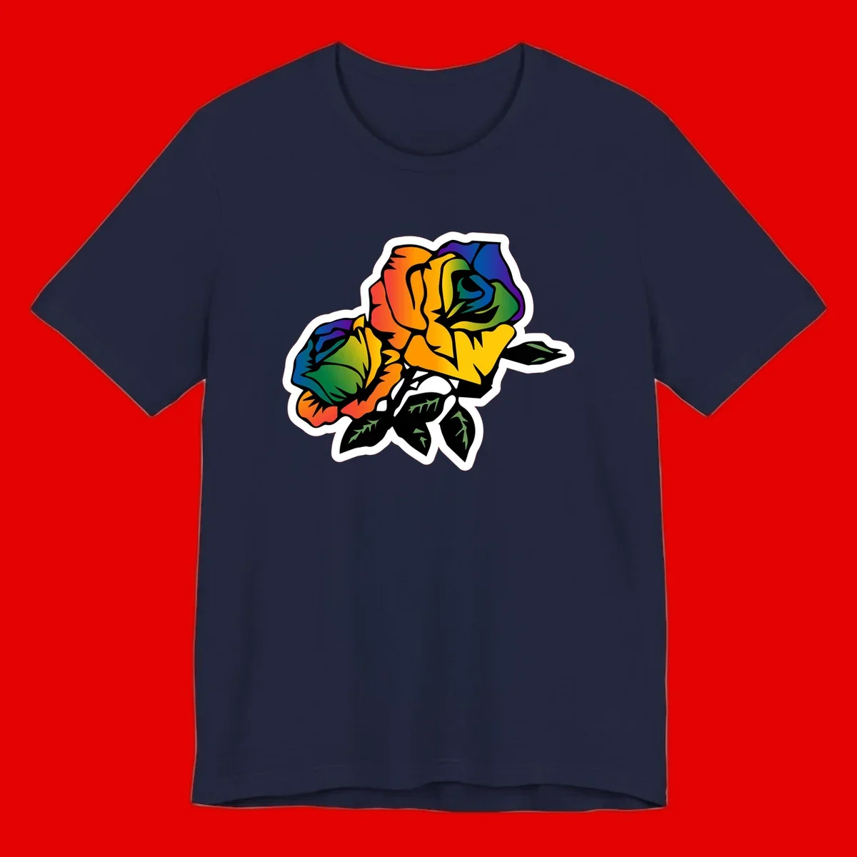 Rainbow pride rose illustration with red, orange, yellow, green, blue, and purple petals, black outline, and green leaves on white background
