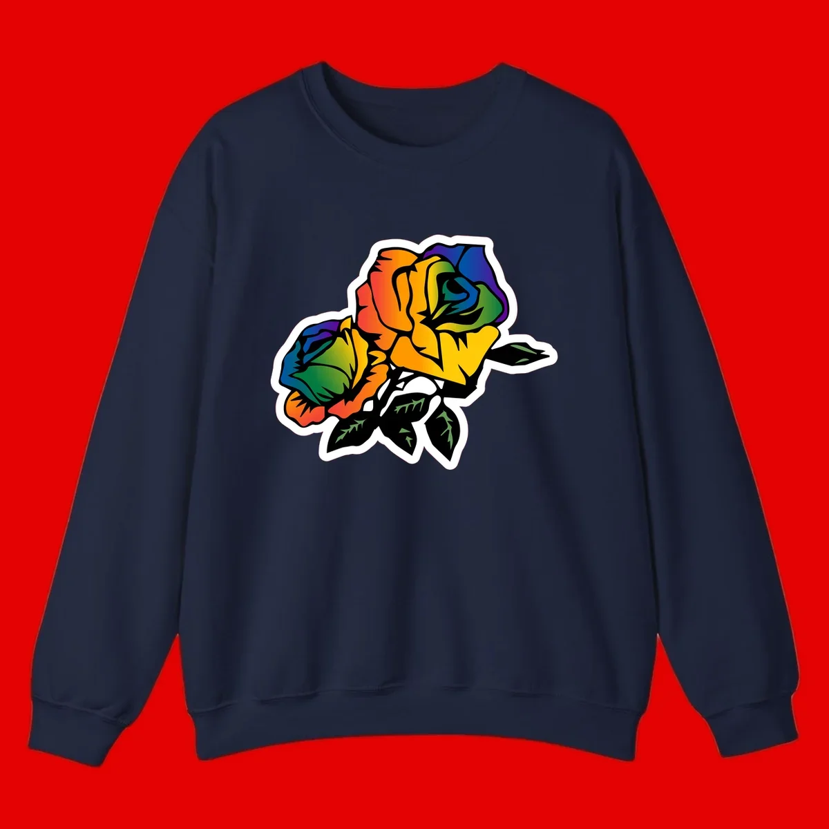 Rainbow pride rose illustration with red, orange, yellow, green, blue, and purple petals, black outline, and green leaves on white background