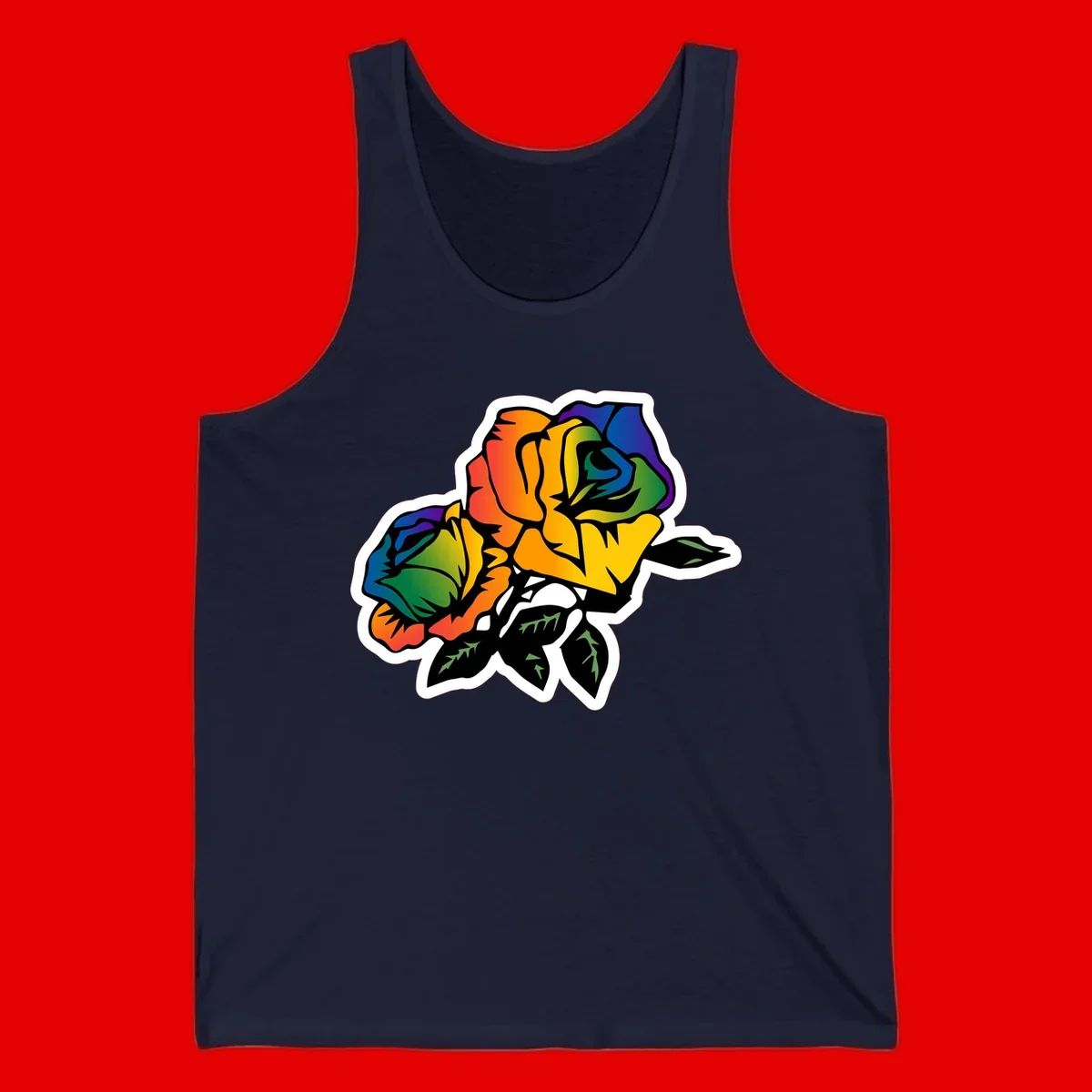 Rainbow pride rose illustration with red, orange, yellow, green, blue, and purple petals, black outline, and green leaves on white background