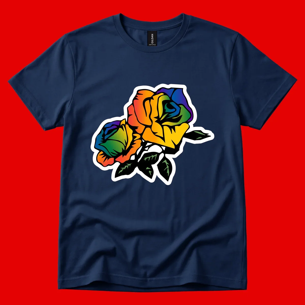 Rainbow pride rose illustration with red, orange, yellow, green, blue, and purple petals, black outline, and green leaves on white background