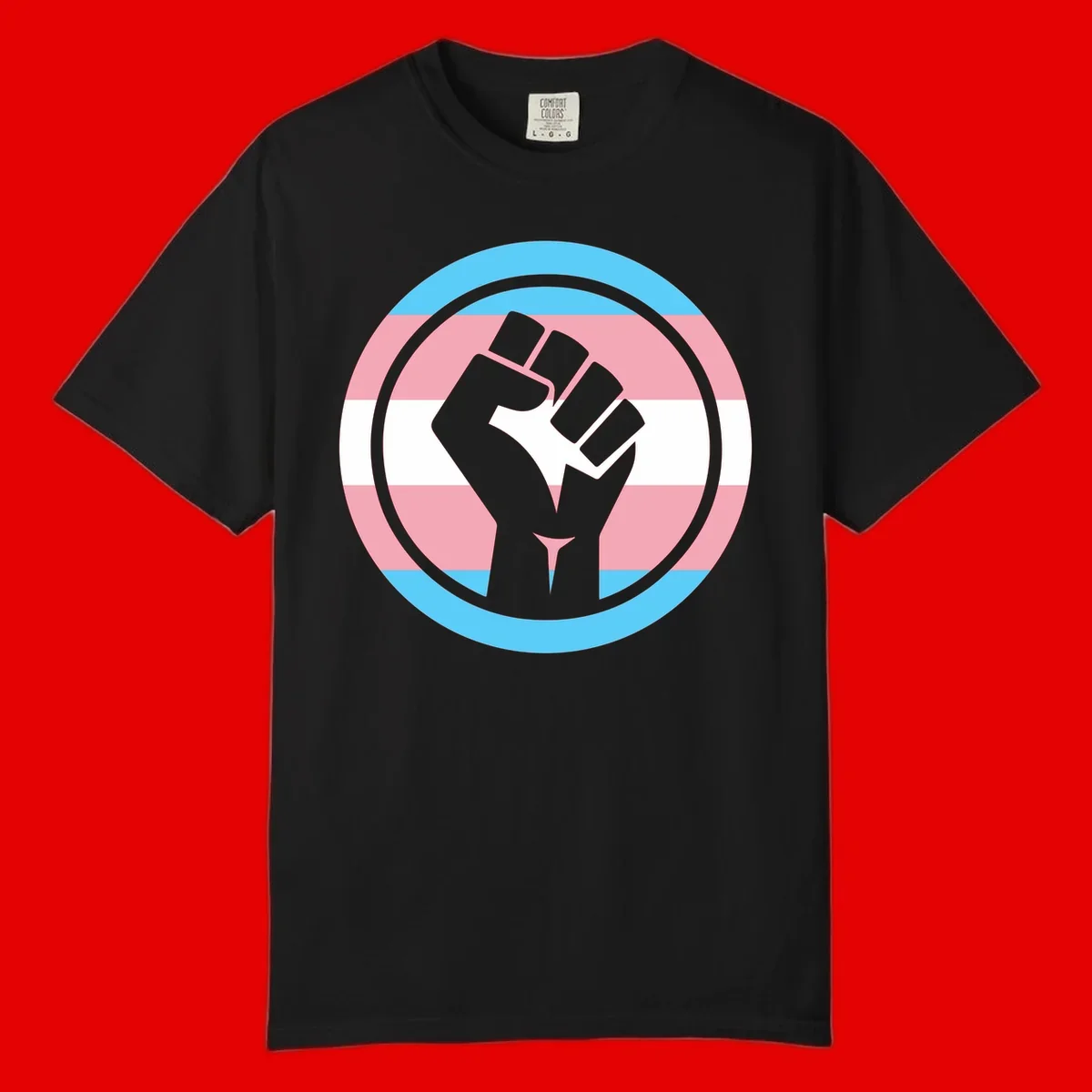 Gray raised fist inside circular badge with trans pride flag stripes in cyan, pink, and white horizontal bands