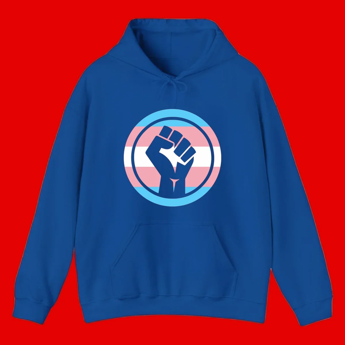 Gray raised fist inside circular badge with trans pride flag stripes in cyan, pink, and white horizontal bands