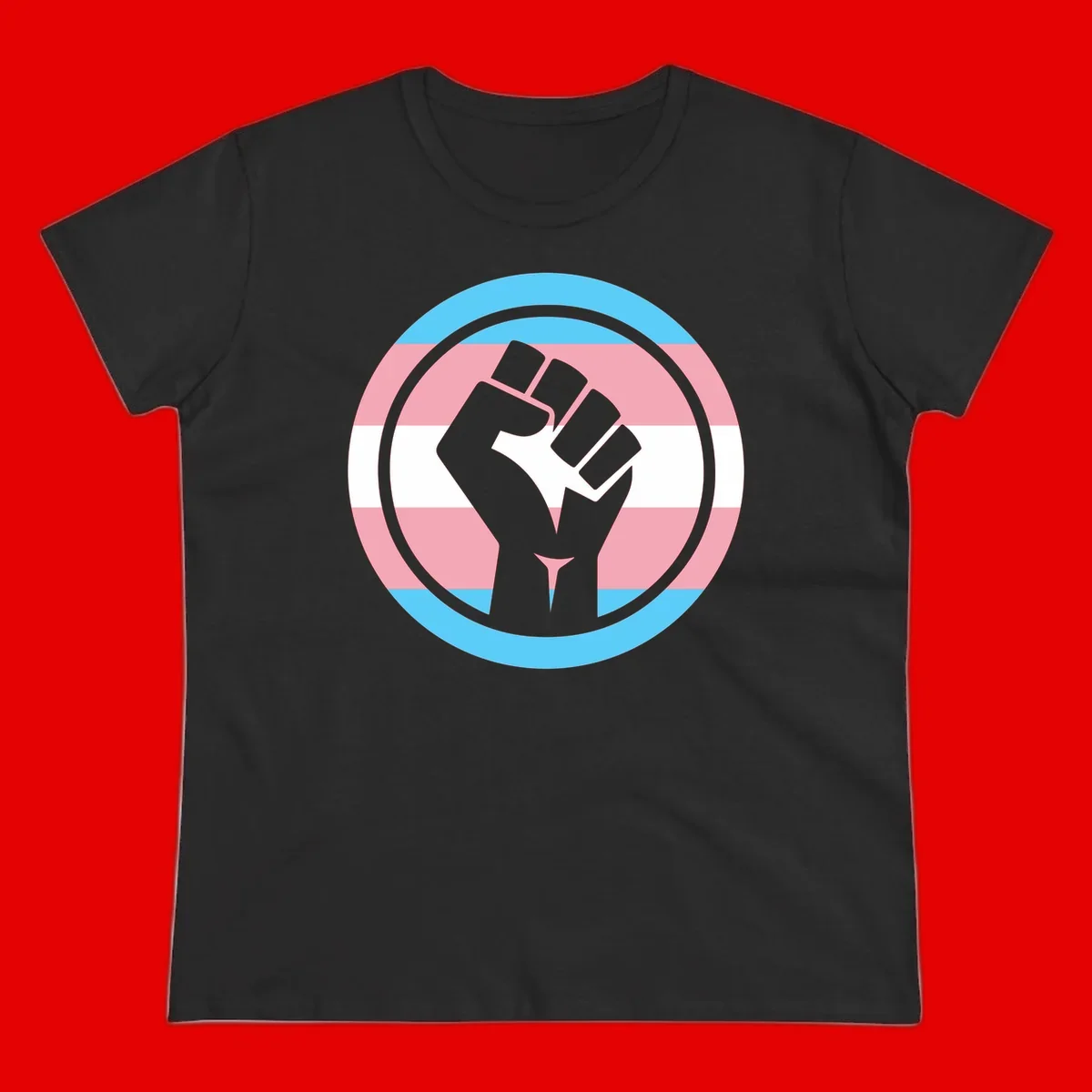 Gray raised fist inside circular badge with trans pride flag stripes in cyan, pink, and white horizontal bands