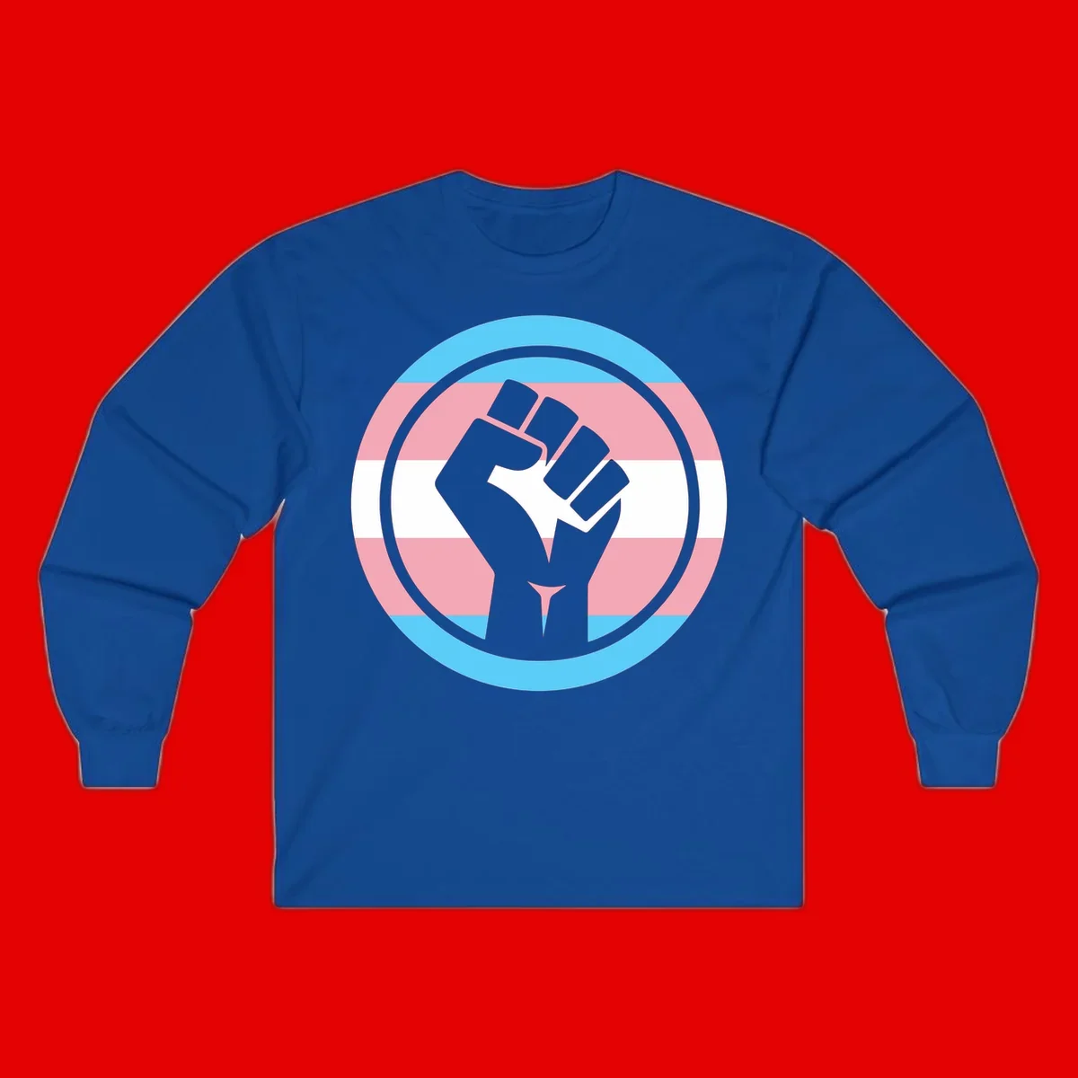 Gray raised fist inside circular badge with trans pride flag stripes in cyan, pink, and white horizontal bands