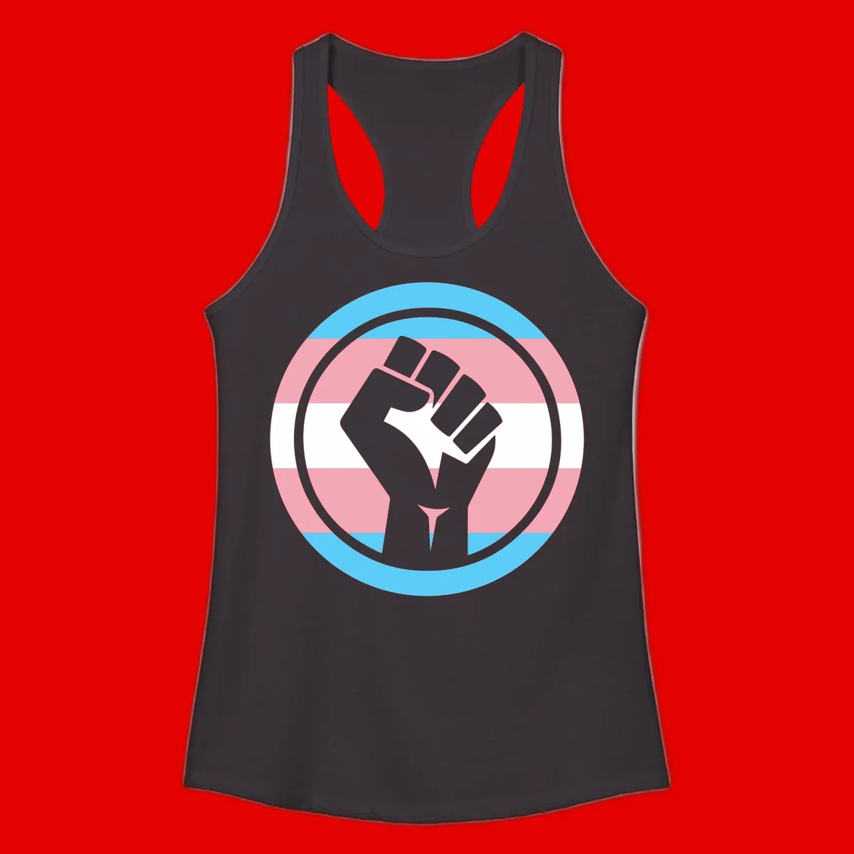 Gray raised fist inside circular badge with trans pride flag stripes in cyan, pink, and white horizontal bands