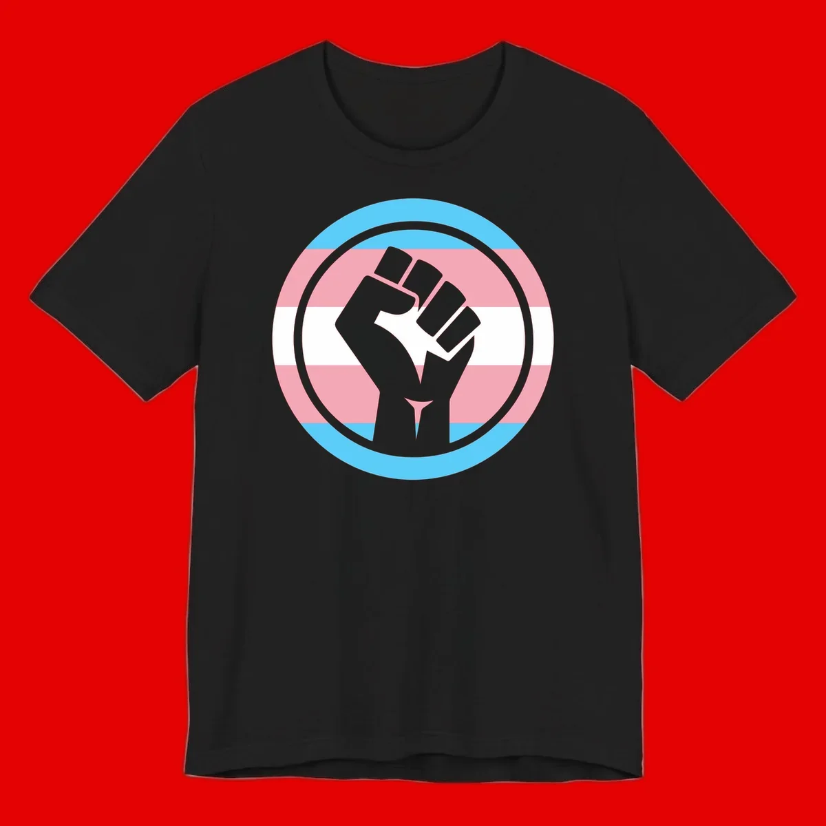 Gray raised fist inside circular badge with trans pride flag stripes in cyan, pink, and white horizontal bands