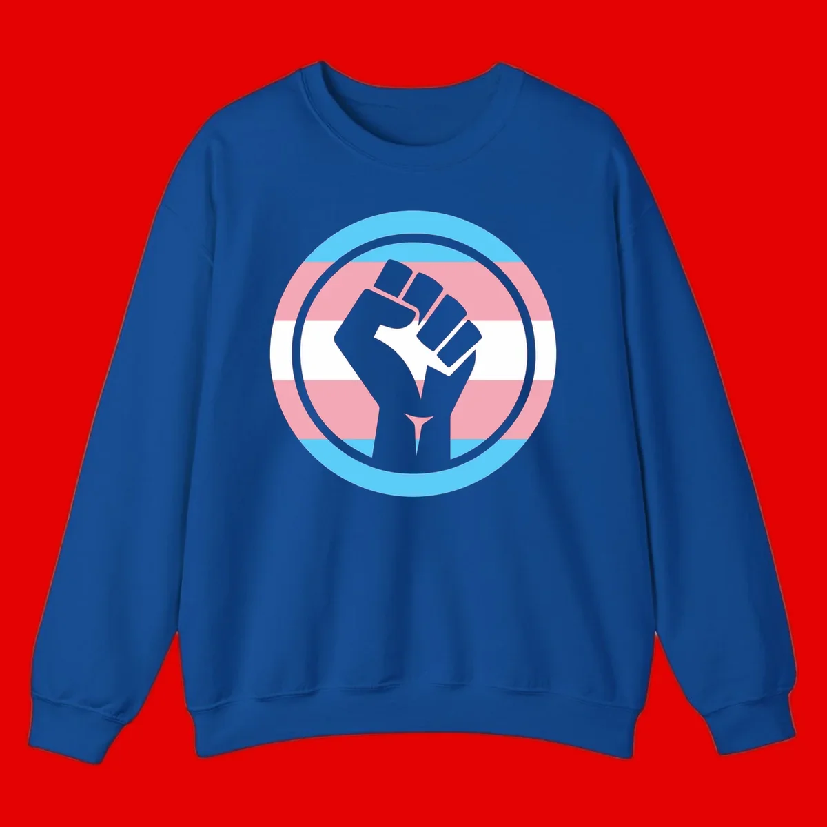 Gray raised fist inside circular badge with trans pride flag stripes in cyan, pink, and white horizontal bands