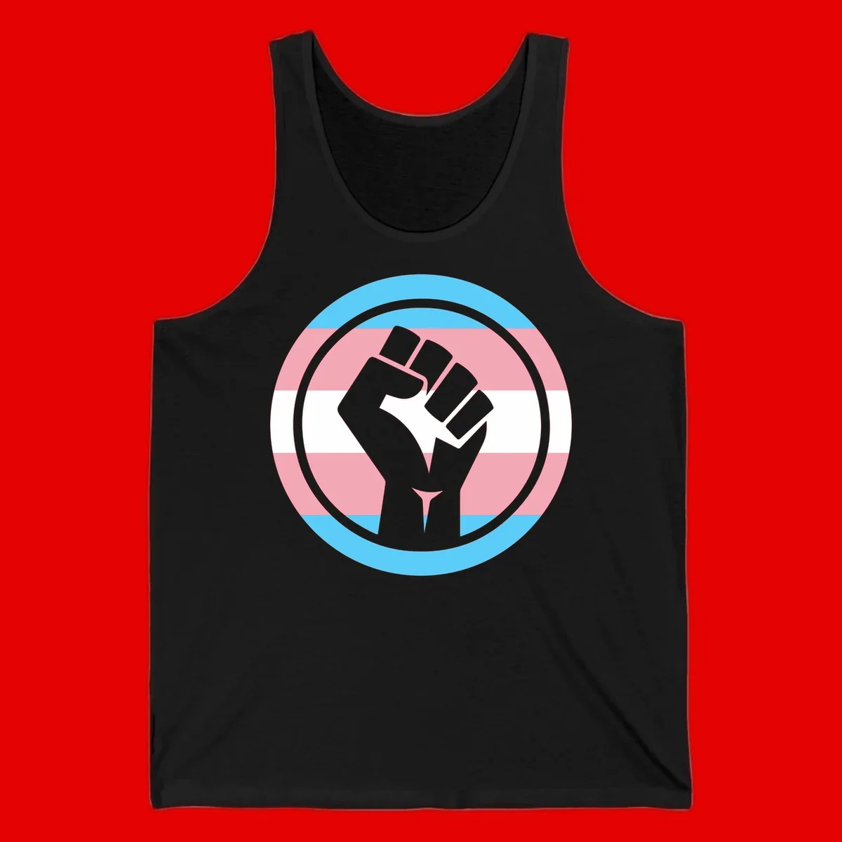 Gray raised fist inside circular badge with trans pride flag stripes in cyan, pink, and white horizontal bands