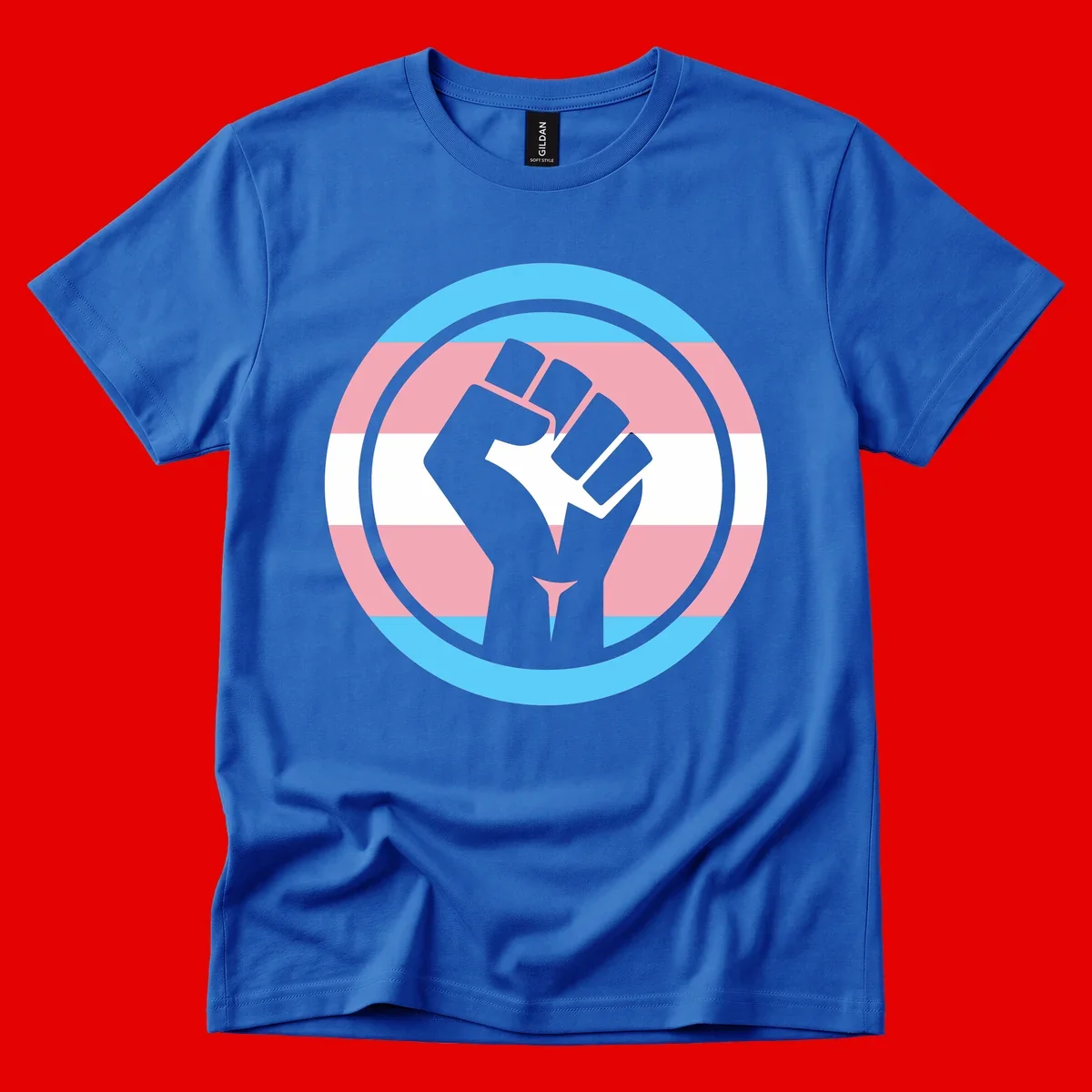 Gray raised fist inside circular badge with trans pride flag stripes in cyan, pink, and white horizontal bands