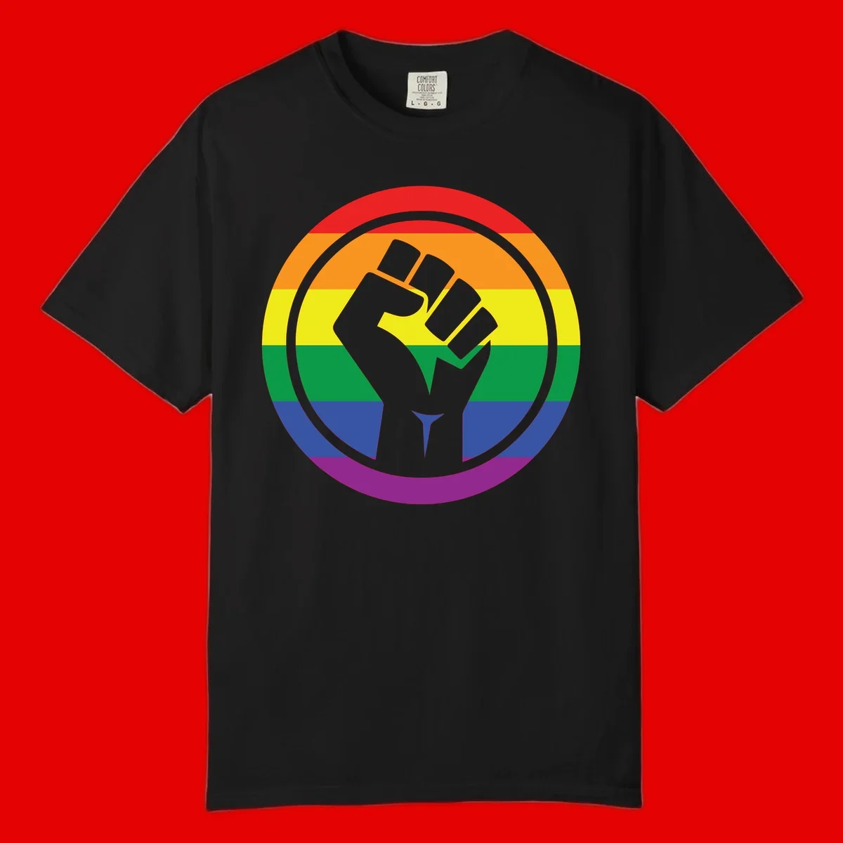 Raised fist silhouette on rainbow pride stripes within circular badge design symbolizing LGBTQ+ solidarity and activism