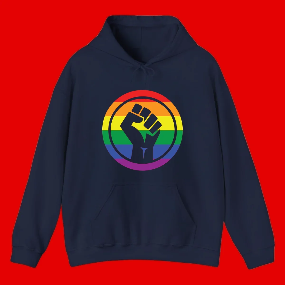 Raised fist silhouette on rainbow pride stripes within circular badge design symbolizing LGBTQ+ solidarity and activism