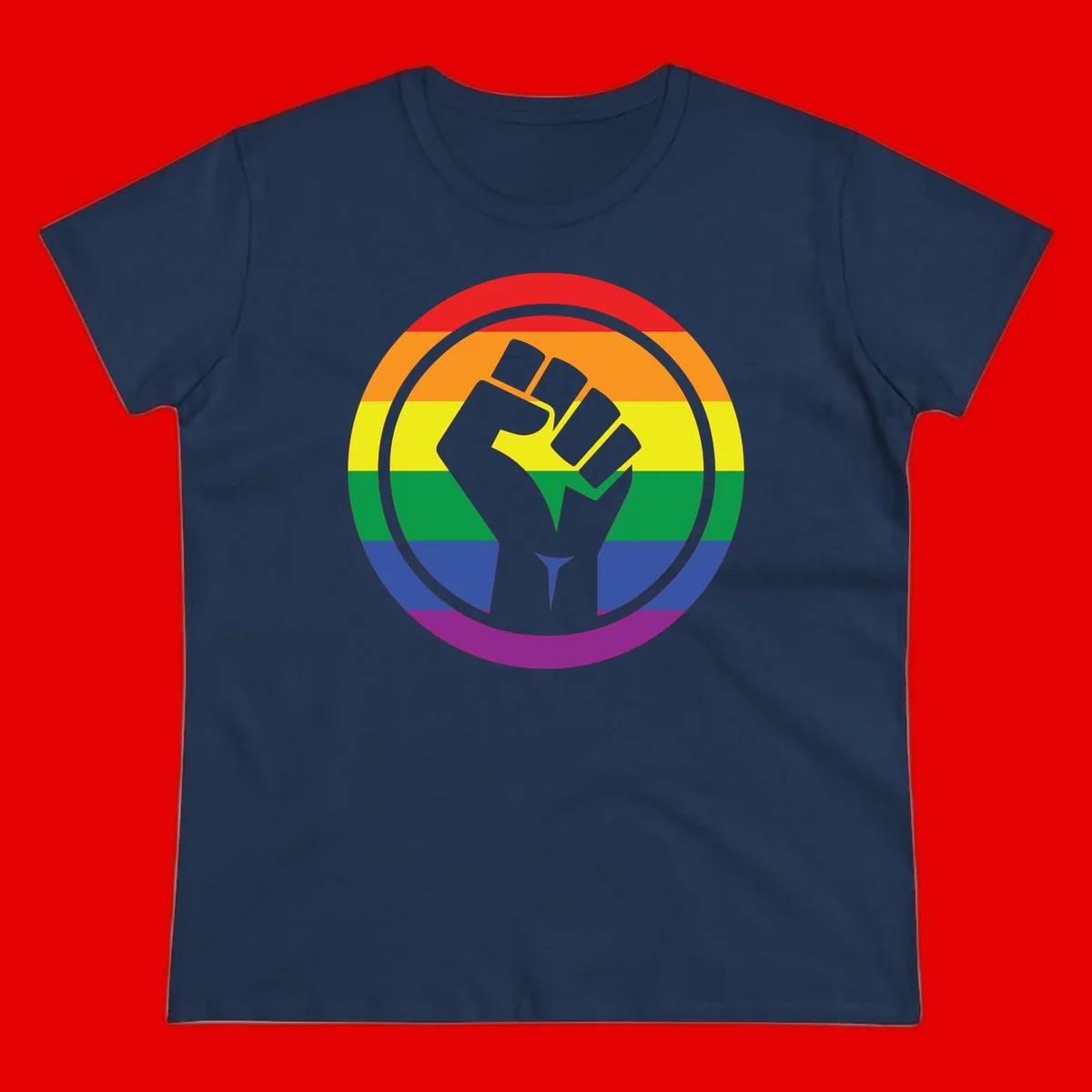 Raised fist silhouette on rainbow pride stripes within circular badge design symbolizing LGBTQ+ solidarity and activism