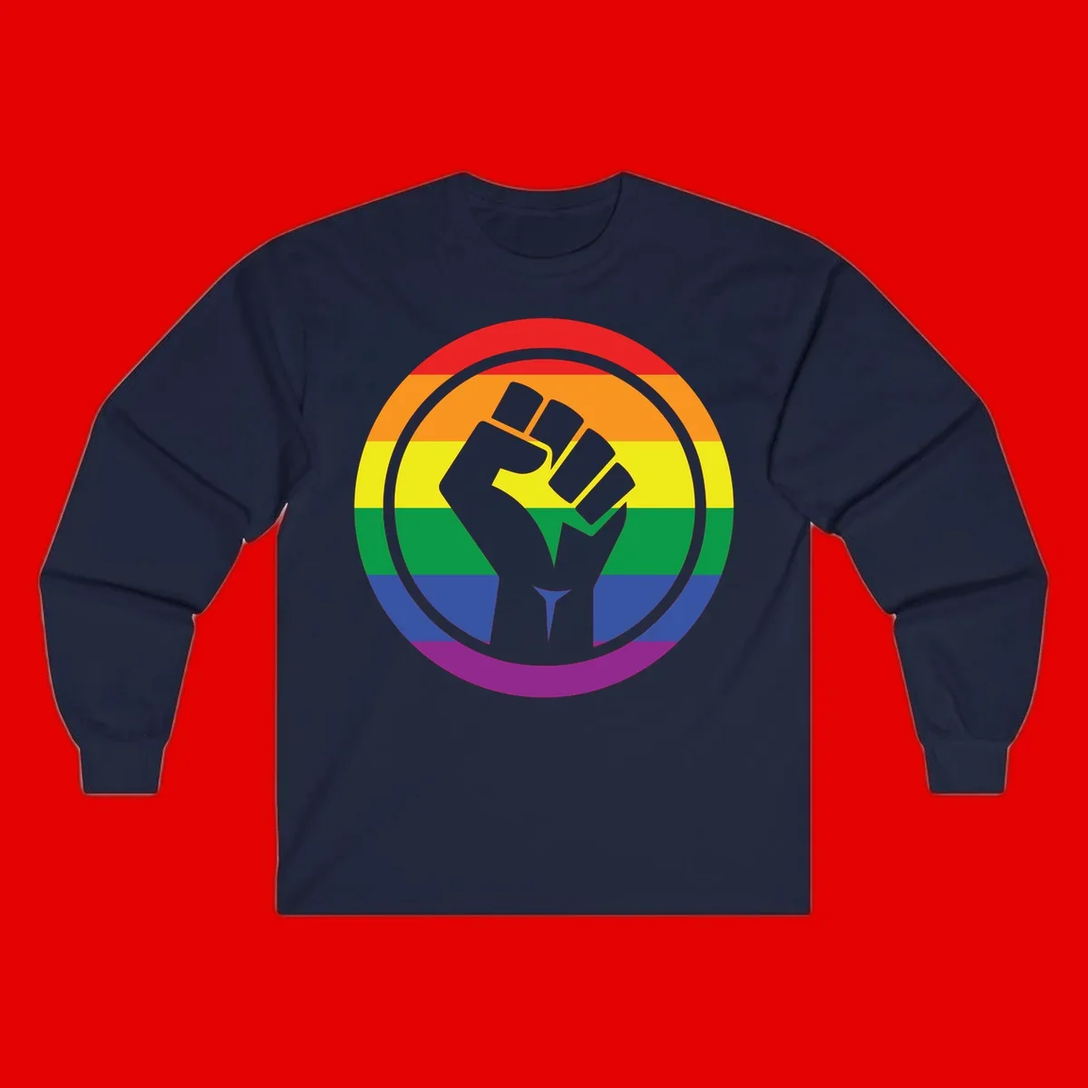 Raised fist silhouette on rainbow pride stripes within circular badge design symbolizing LGBTQ+ solidarity and activism