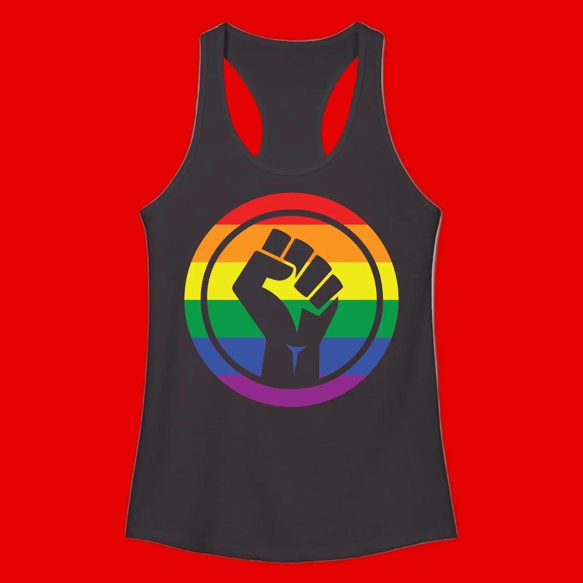Raised fist silhouette on rainbow pride stripes within circular badge design symbolizing LGBTQ+ solidarity and activism