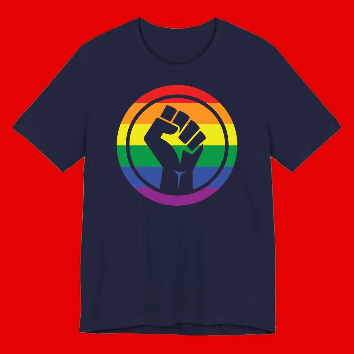 Raised fist silhouette on rainbow pride stripes within circular badge design symbolizing LGBTQ+ solidarity and activism