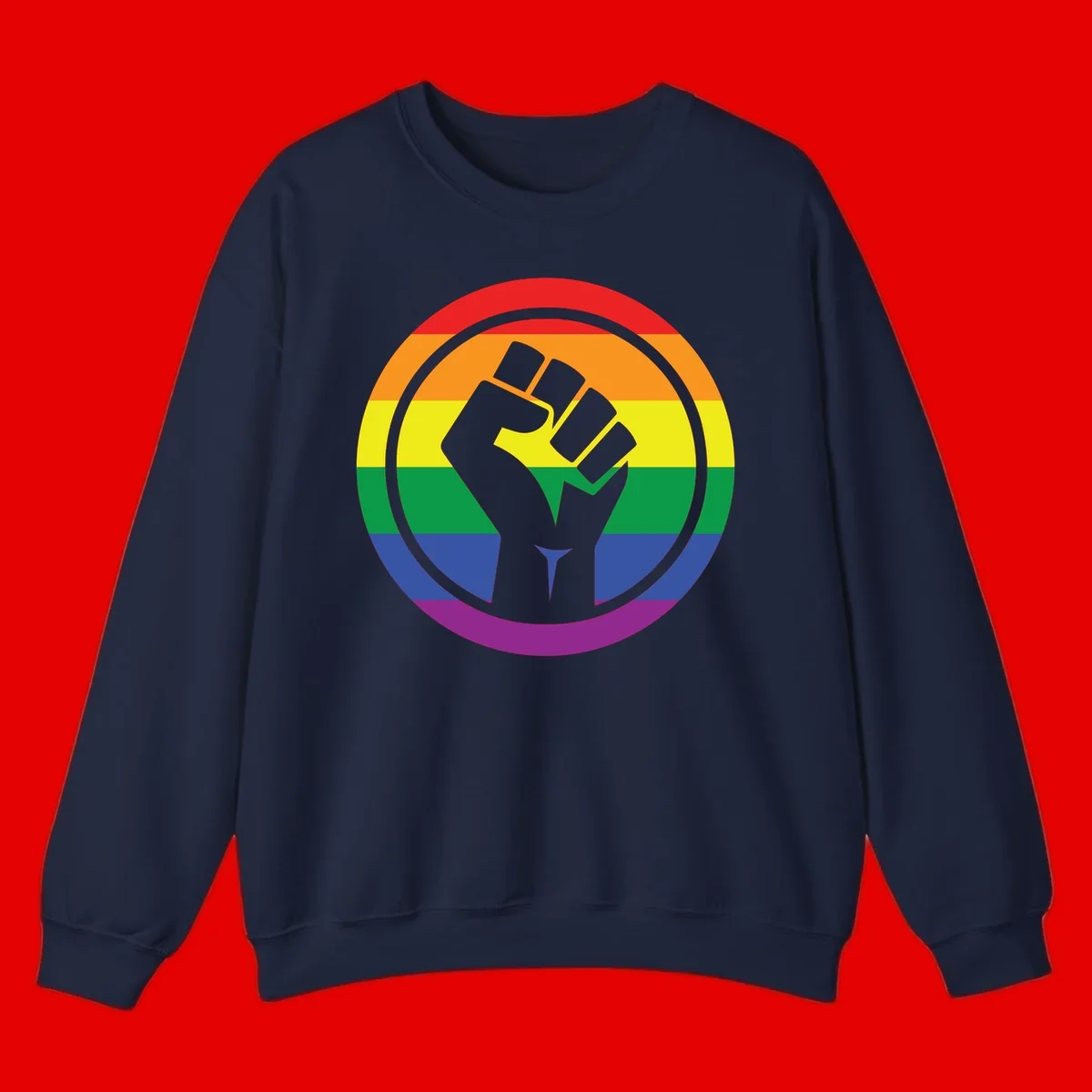 Raised fist silhouette on rainbow pride stripes within circular badge design symbolizing LGBTQ+ solidarity and activism