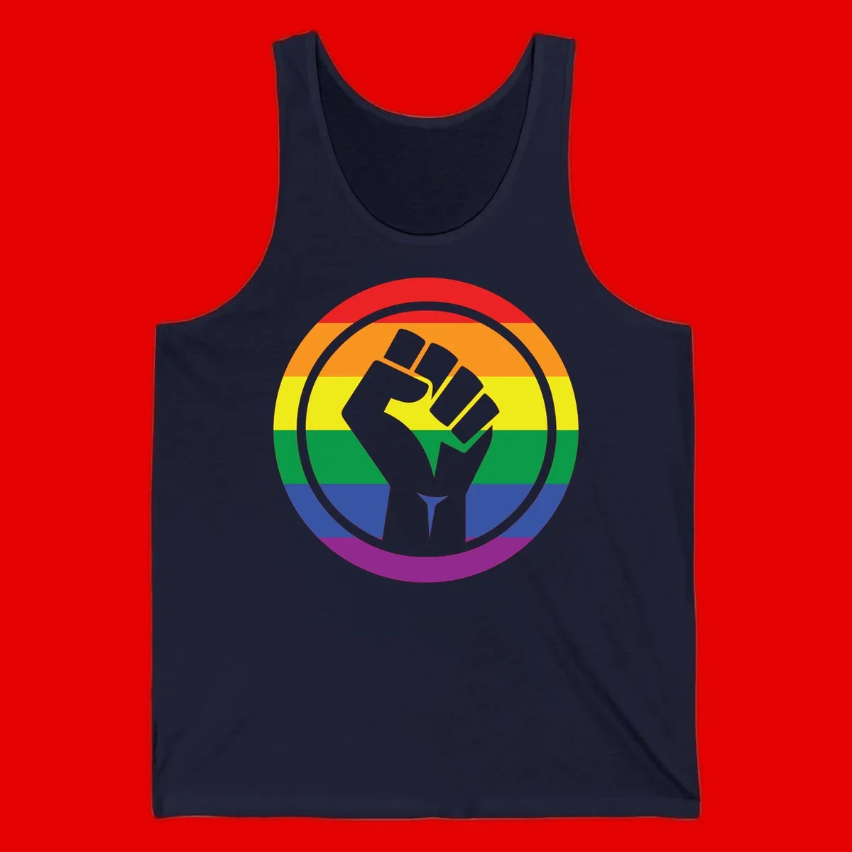 Raised fist silhouette on rainbow pride stripes within circular badge design symbolizing LGBTQ+ solidarity and activism