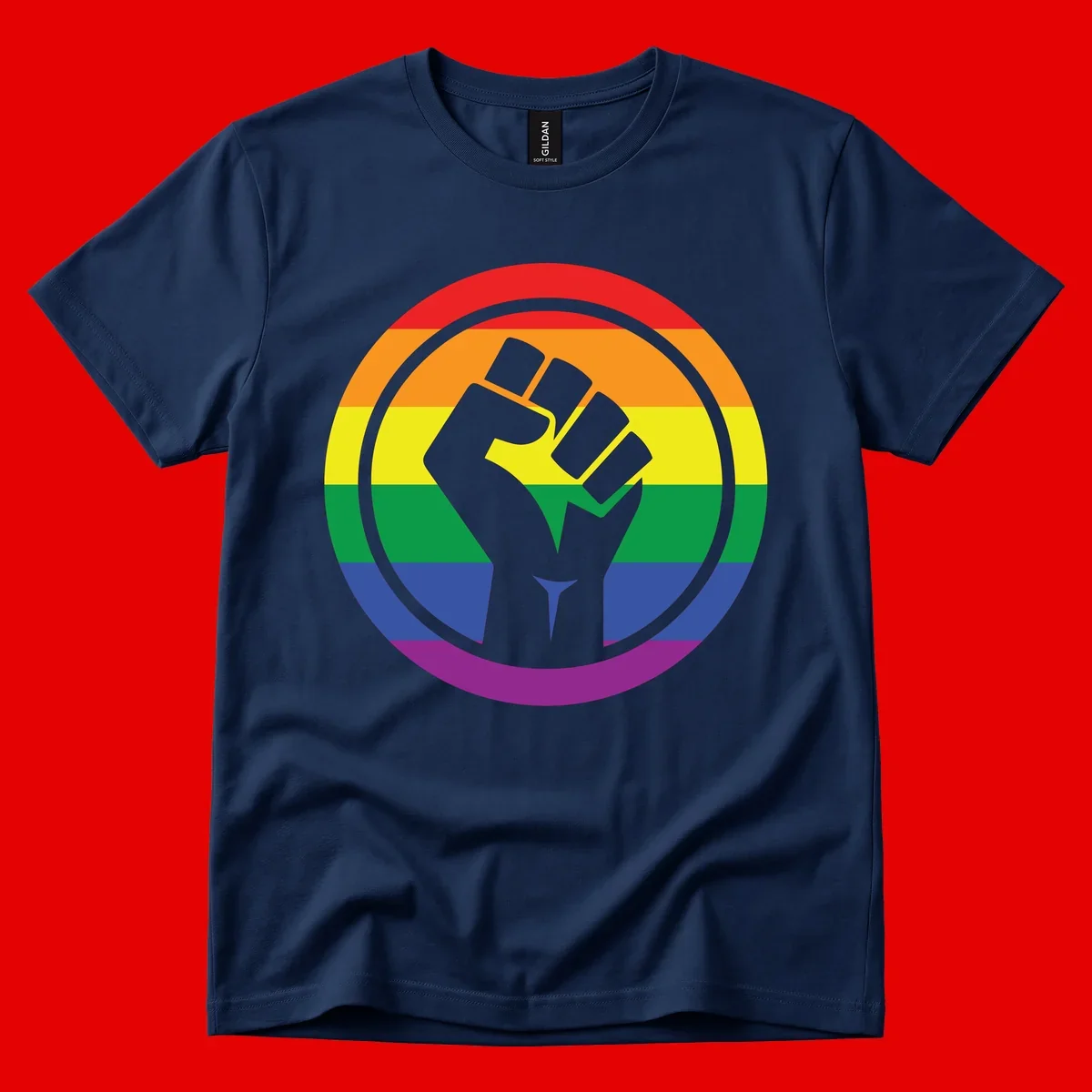 Raised fist silhouette on rainbow pride stripes within circular badge design symbolizing LGBTQ+ solidarity and activism