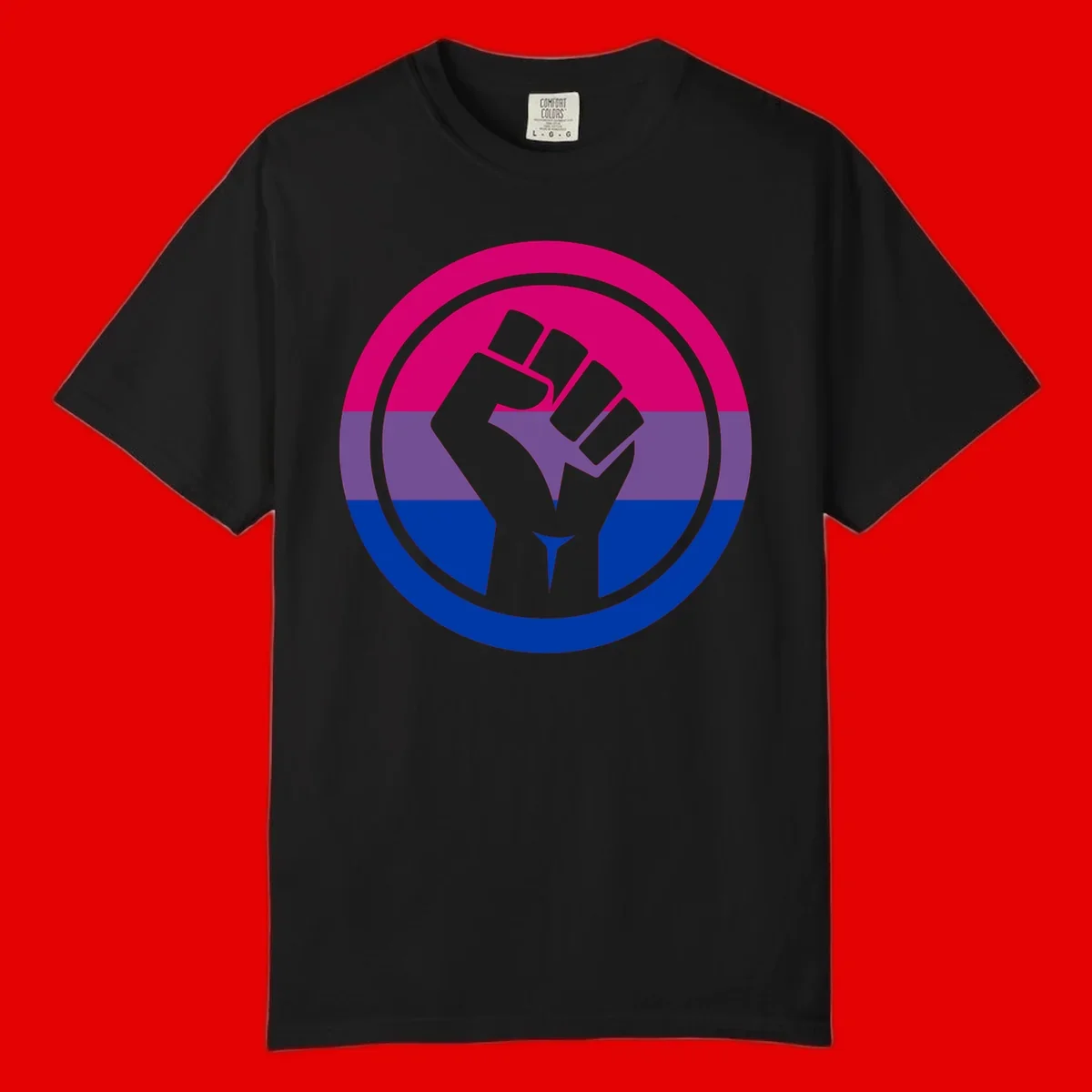 Raised fist silhouette in concentric circles with bisexual pride flag stripes in magenta, purple, and blue