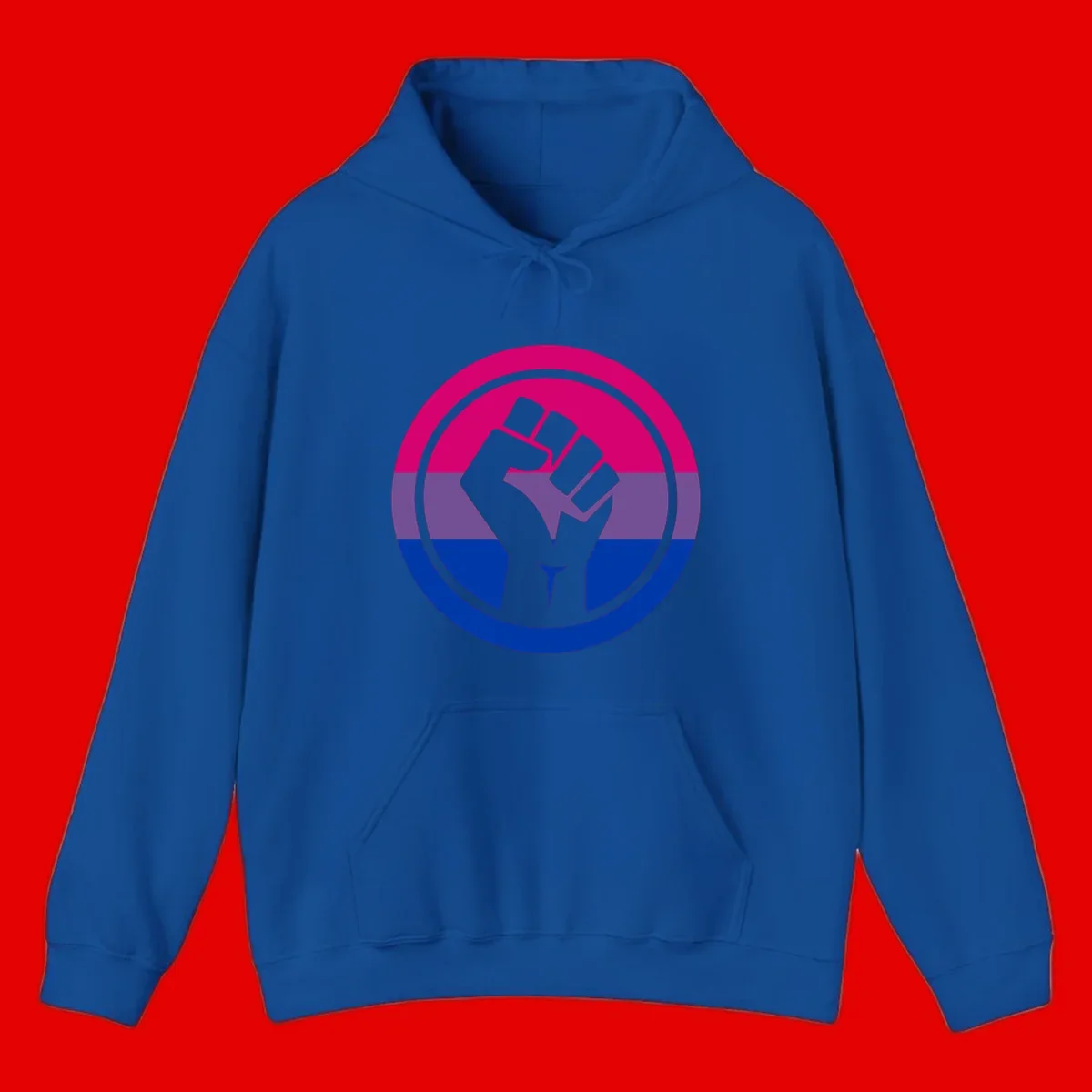 Raised fist silhouette in concentric circles with bisexual pride flag stripes in magenta, purple, and blue