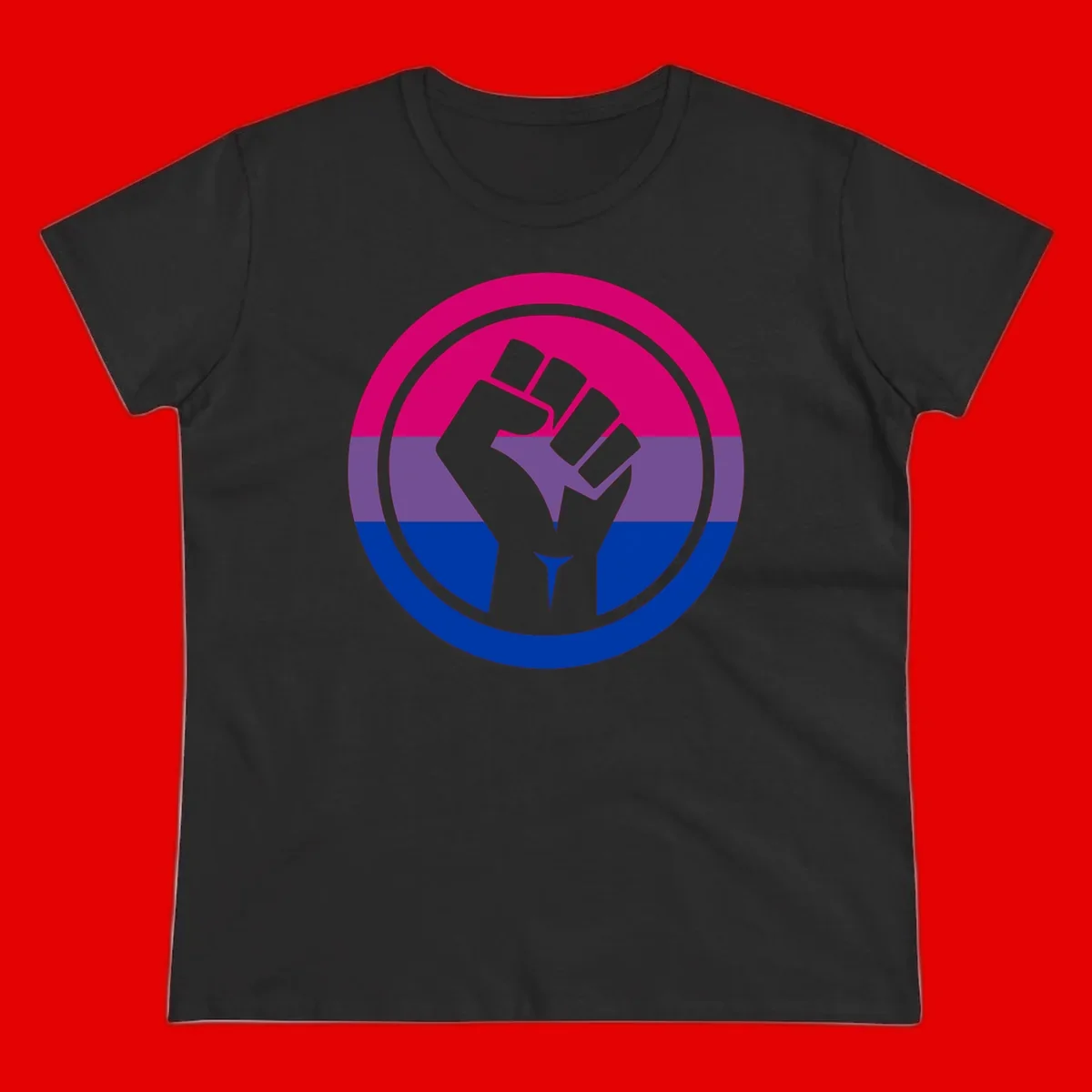Raised fist silhouette in concentric circles with bisexual pride flag stripes in magenta, purple, and blue