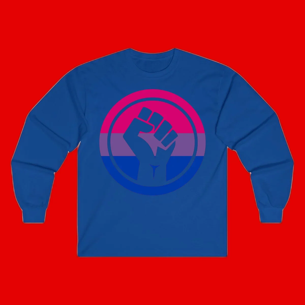 Raised fist silhouette in concentric circles with bisexual pride flag stripes in magenta, purple, and blue