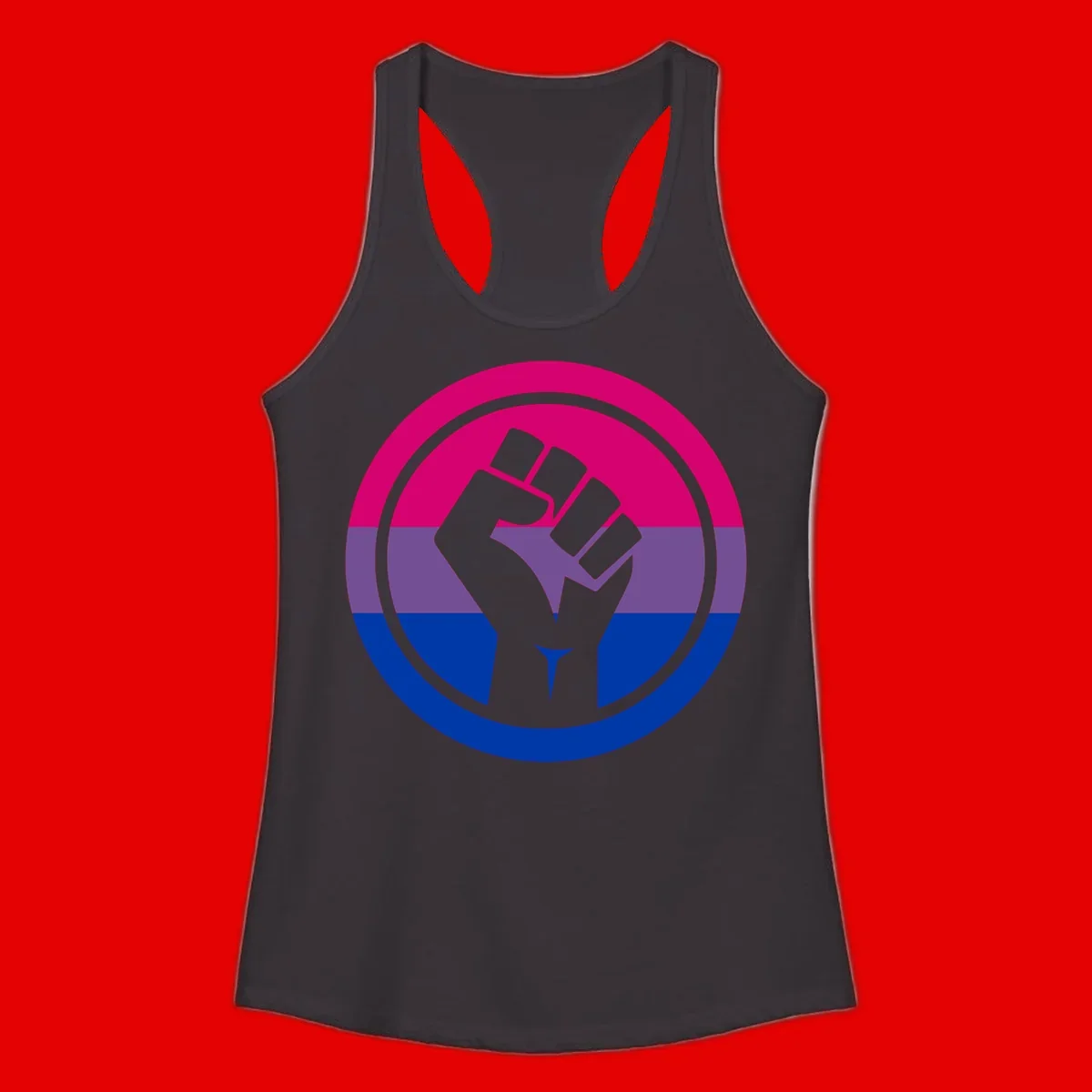 Raised fist silhouette in concentric circles with bisexual pride flag stripes in magenta, purple, and blue