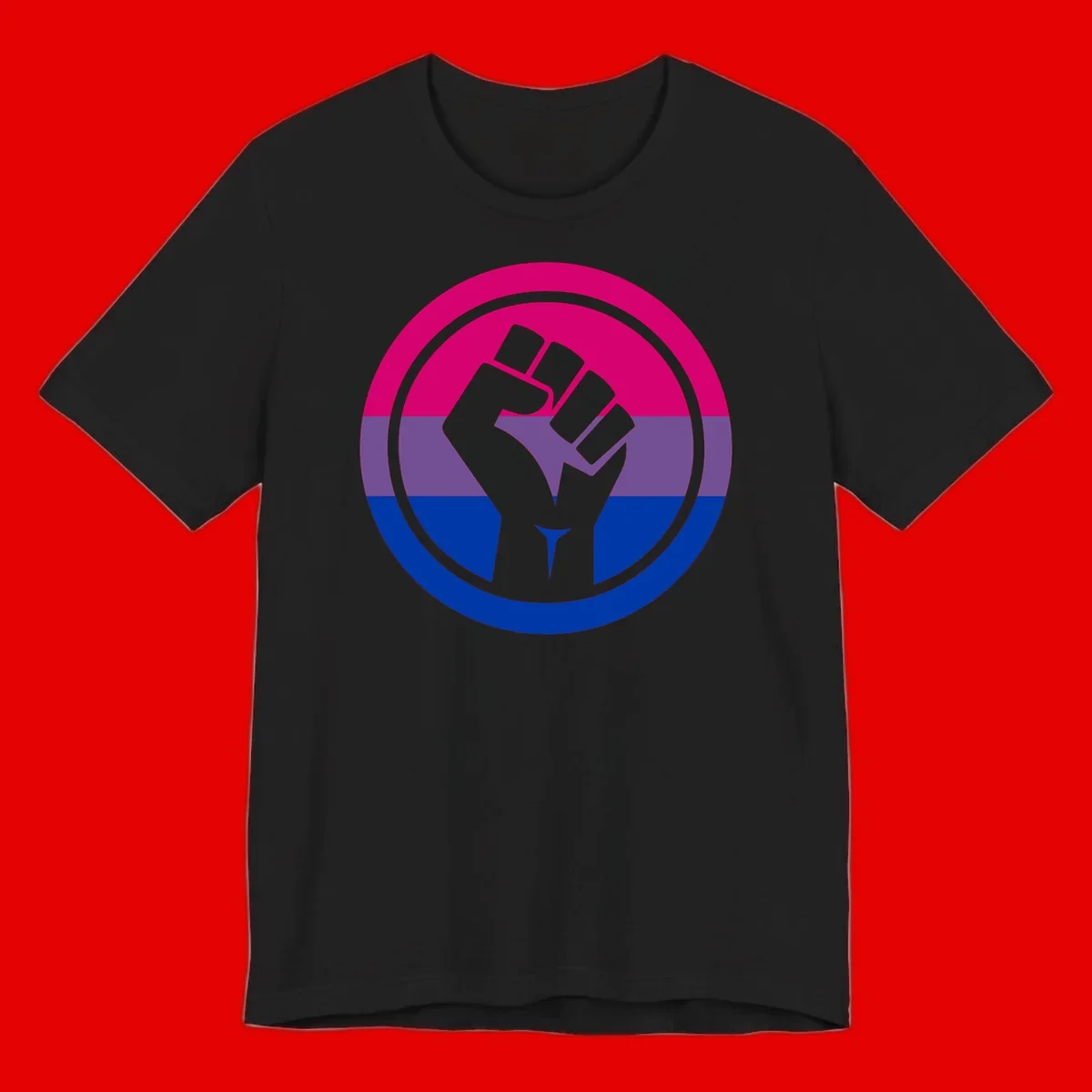 Raised fist silhouette in concentric circles with bisexual pride flag stripes in magenta, purple, and blue
