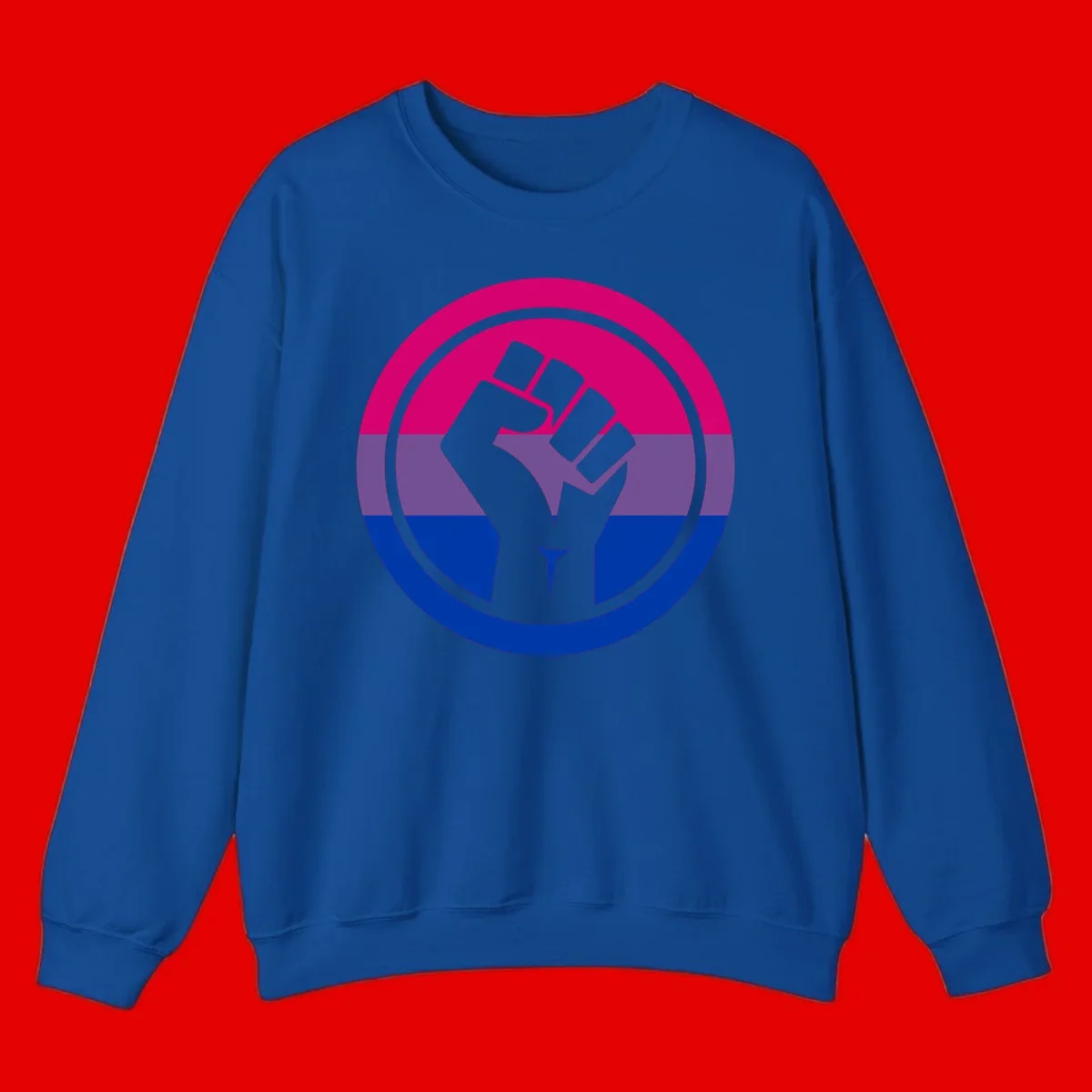 Raised fist silhouette in concentric circles with bisexual pride flag stripes in magenta, purple, and blue