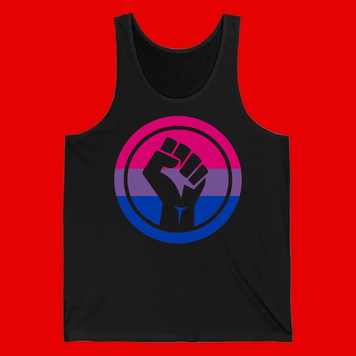 Raised fist silhouette in concentric circles with bisexual pride flag stripes in magenta, purple, and blue