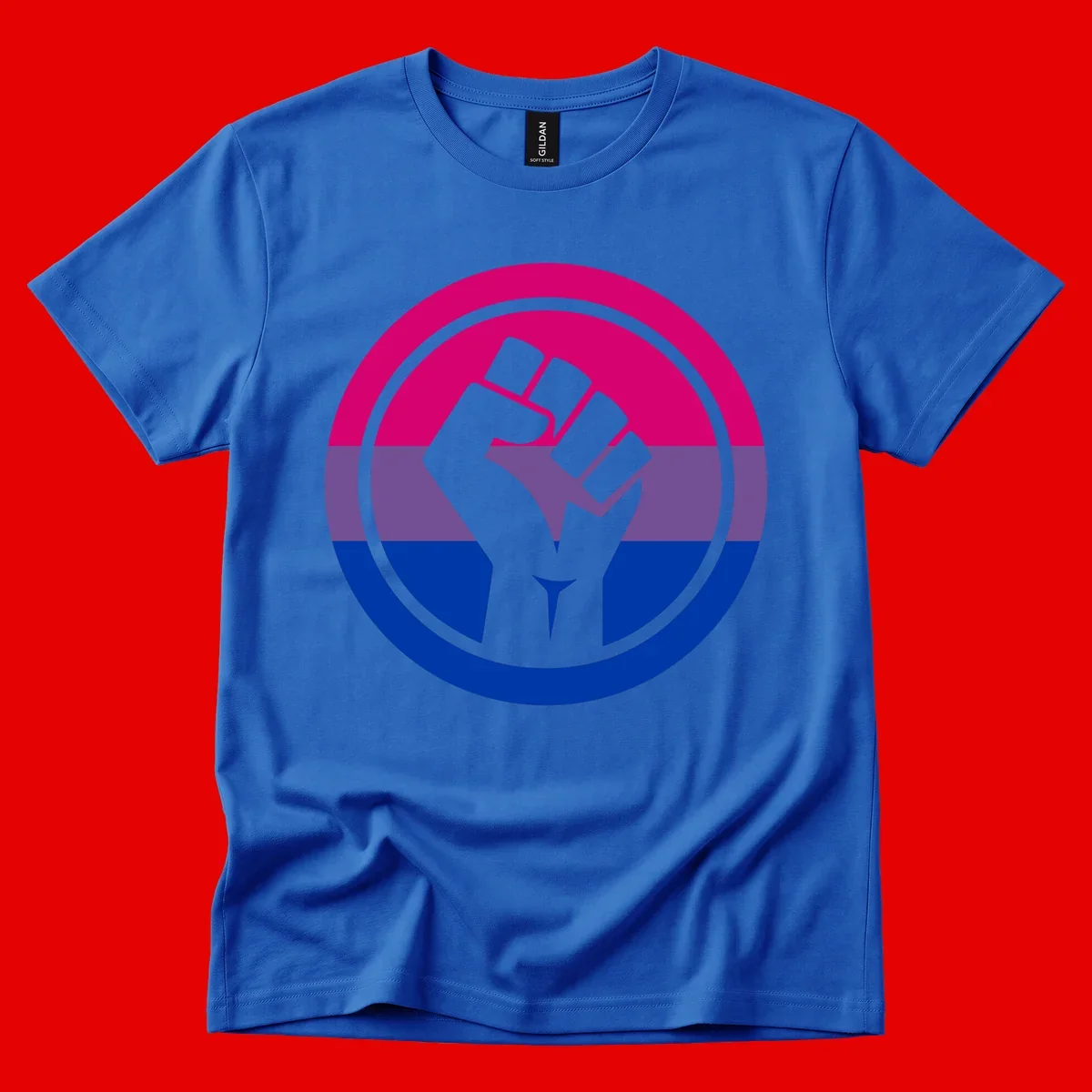 Raised fist silhouette in concentric circles with bisexual pride flag stripes in magenta, purple, and blue