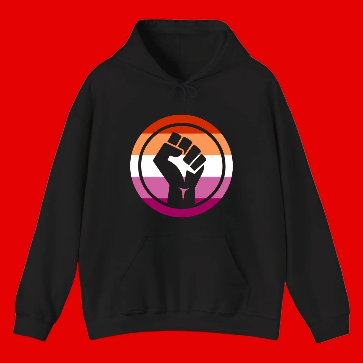Raised fist silhouette on rainbow pride flag stripes within concentric circles, symbolizing LGBTQ+ strength and solidarity