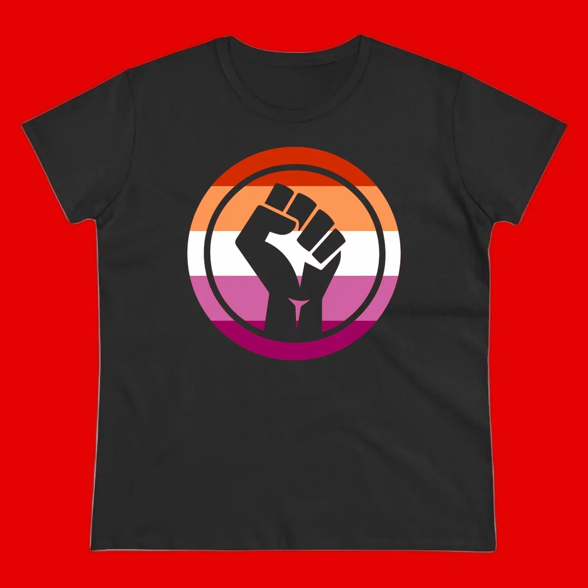 Raised fist silhouette on rainbow pride flag stripes within concentric circles, symbolizing LGBTQ+ strength and solidarity