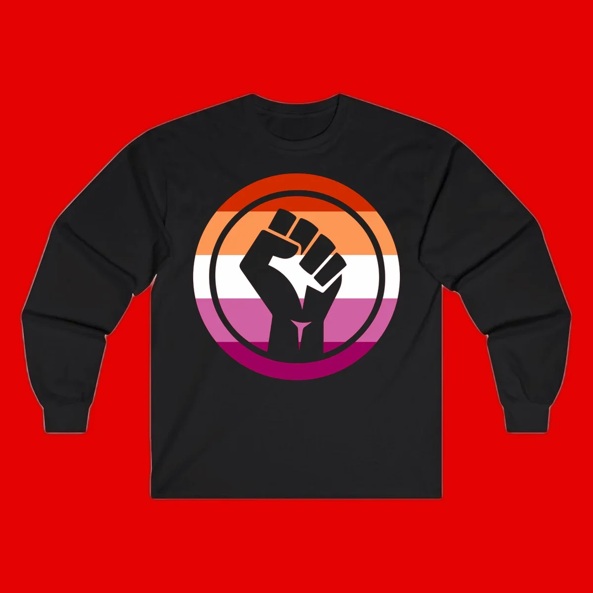 Raised fist silhouette on rainbow pride flag stripes within concentric circles, symbolizing LGBTQ+ strength and solidarity