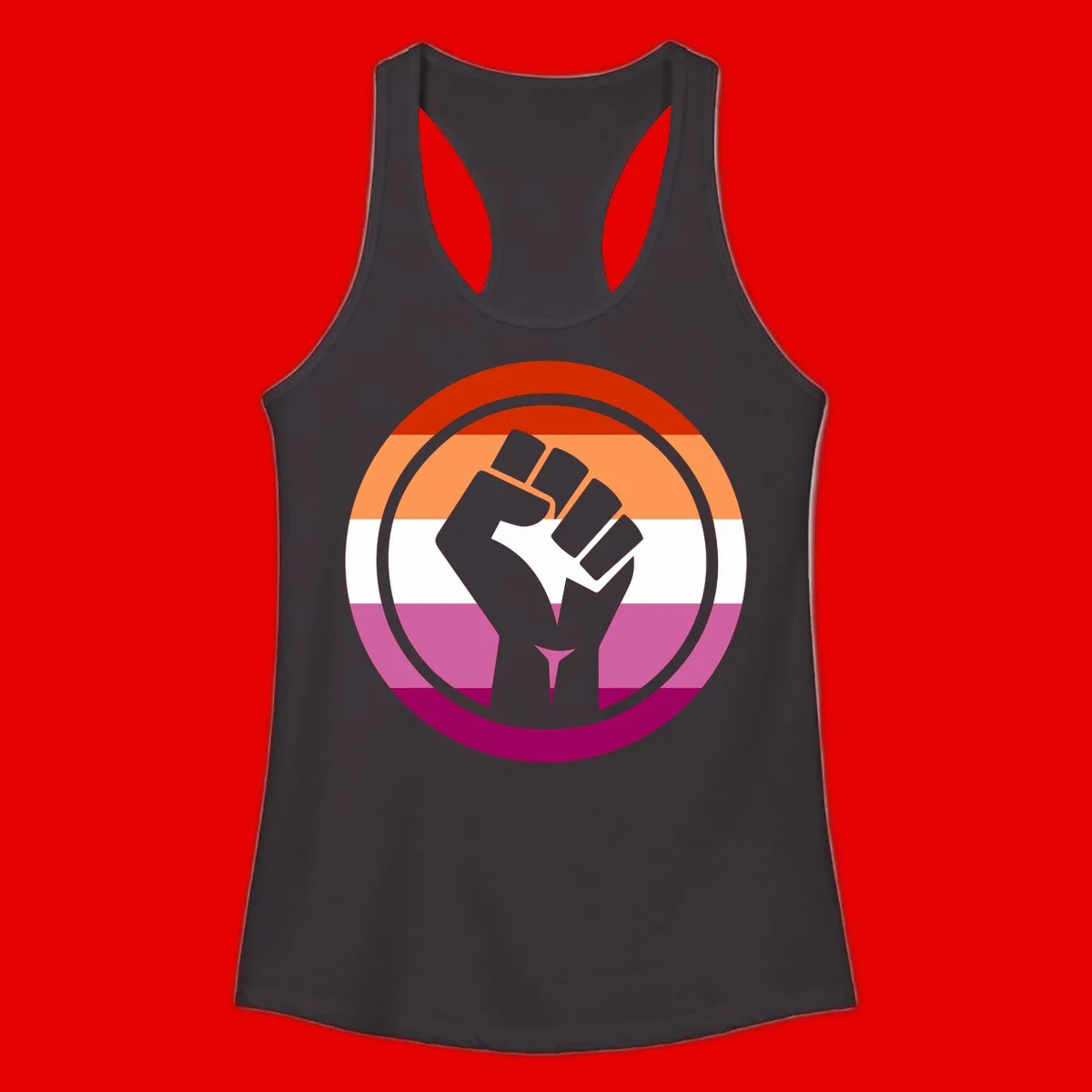 Raised fist silhouette on rainbow pride flag stripes within concentric circles, symbolizing LGBTQ+ strength and solidarity