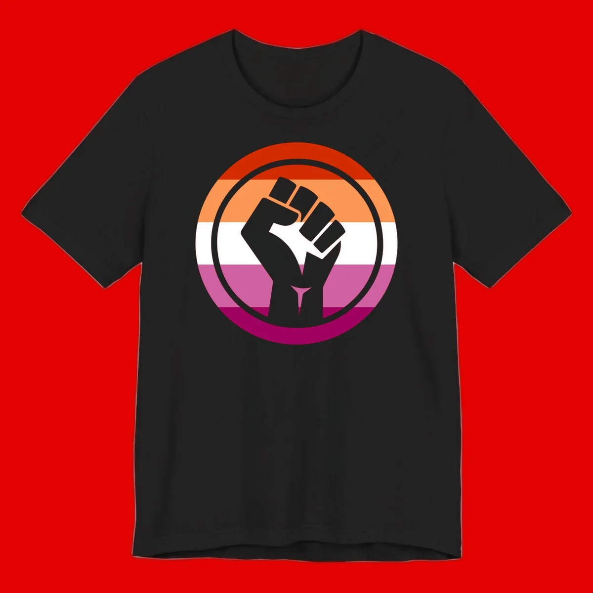Raised fist silhouette on rainbow pride flag stripes within concentric circles, symbolizing LGBTQ+ strength and solidarity