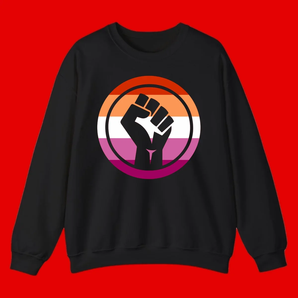 Raised fist silhouette on rainbow pride flag stripes within concentric circles, symbolizing LGBTQ+ strength and solidarity