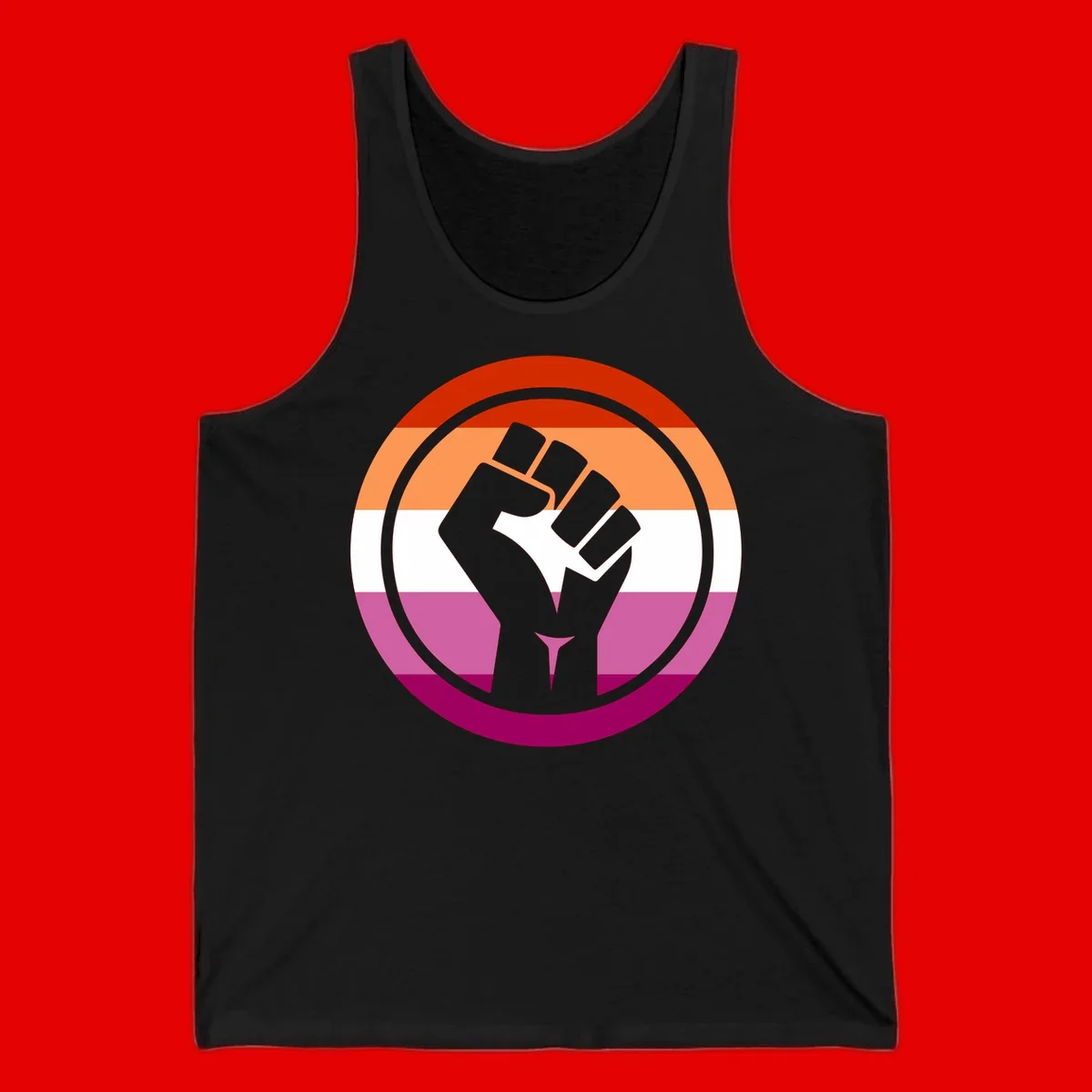 Raised fist silhouette on rainbow pride flag stripes within concentric circles, symbolizing LGBTQ+ strength and solidarity